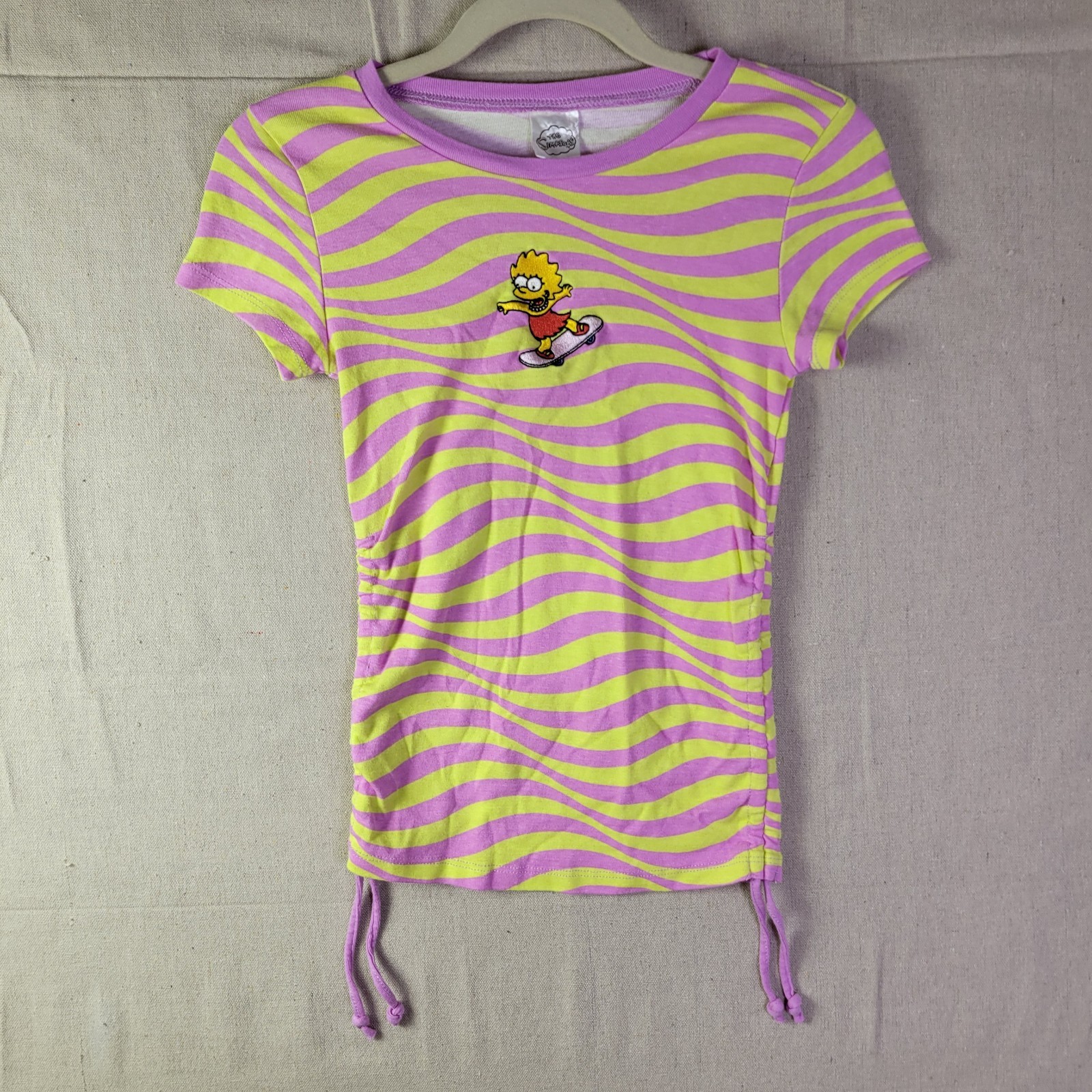 Mad Engine Simpsons Baby Tee Sz S Neon Stripe Embroider Lisa Skateboarding Cinch