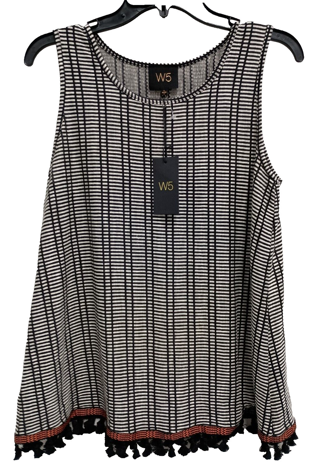 W5 Womens Tank Top Large Black White Dash Print Pom Pom Trim BOHO New
