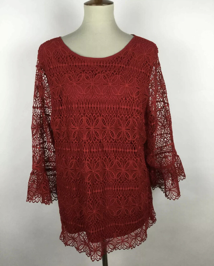 Talbots Woman Cardinal Red 3/4-Sleeve Crochet Lace Overlay Blouse XL