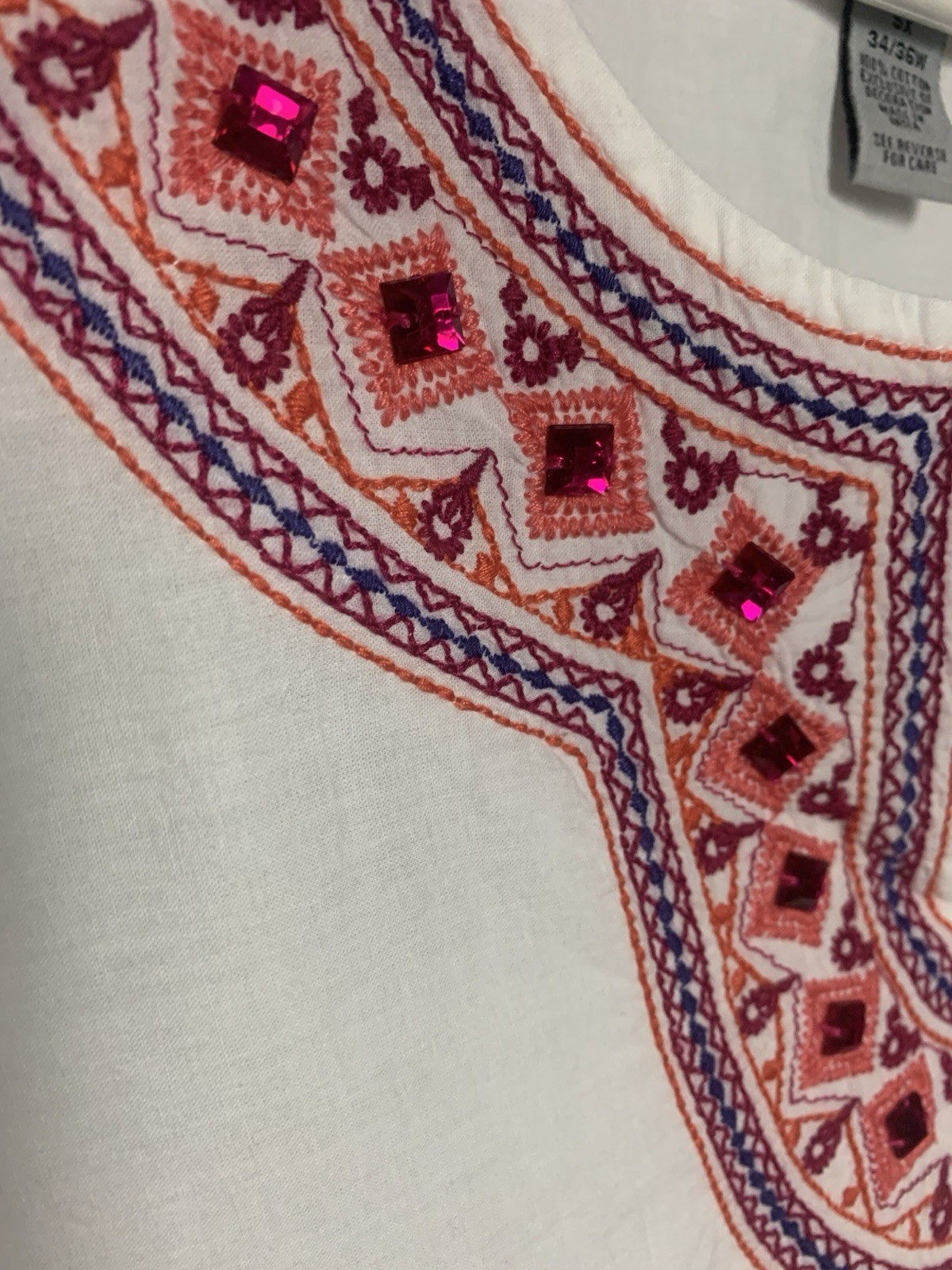 Catherine’s 5X (34/36W) White Beaded Embroidered 3/4 Sleeve Boho Blouse NWT