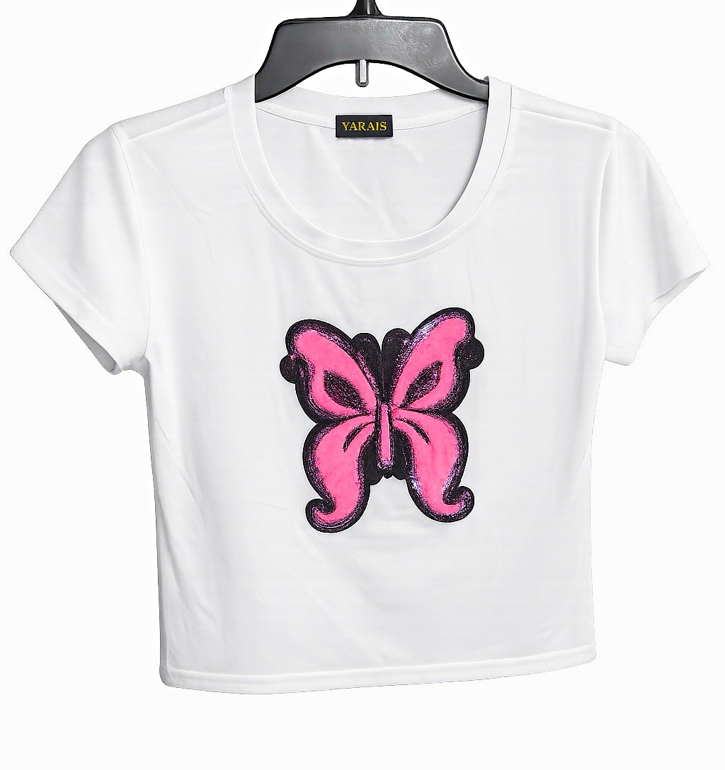 YARAIS White Cropped Short Sleeve T-Shirt Pink Butterfly Graphic Print S/M