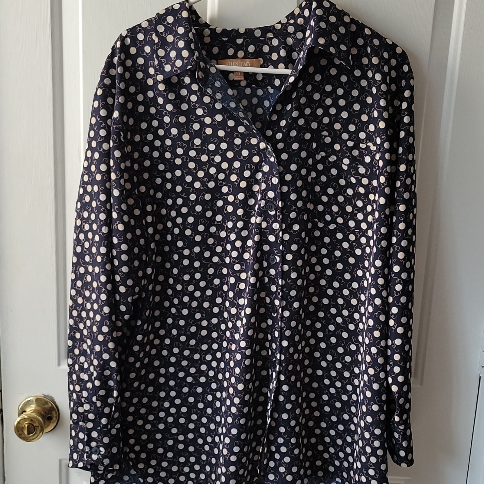 Ellen Tracy Women’s Black/White Polka Dot Collared Button Front Blouse Size XL