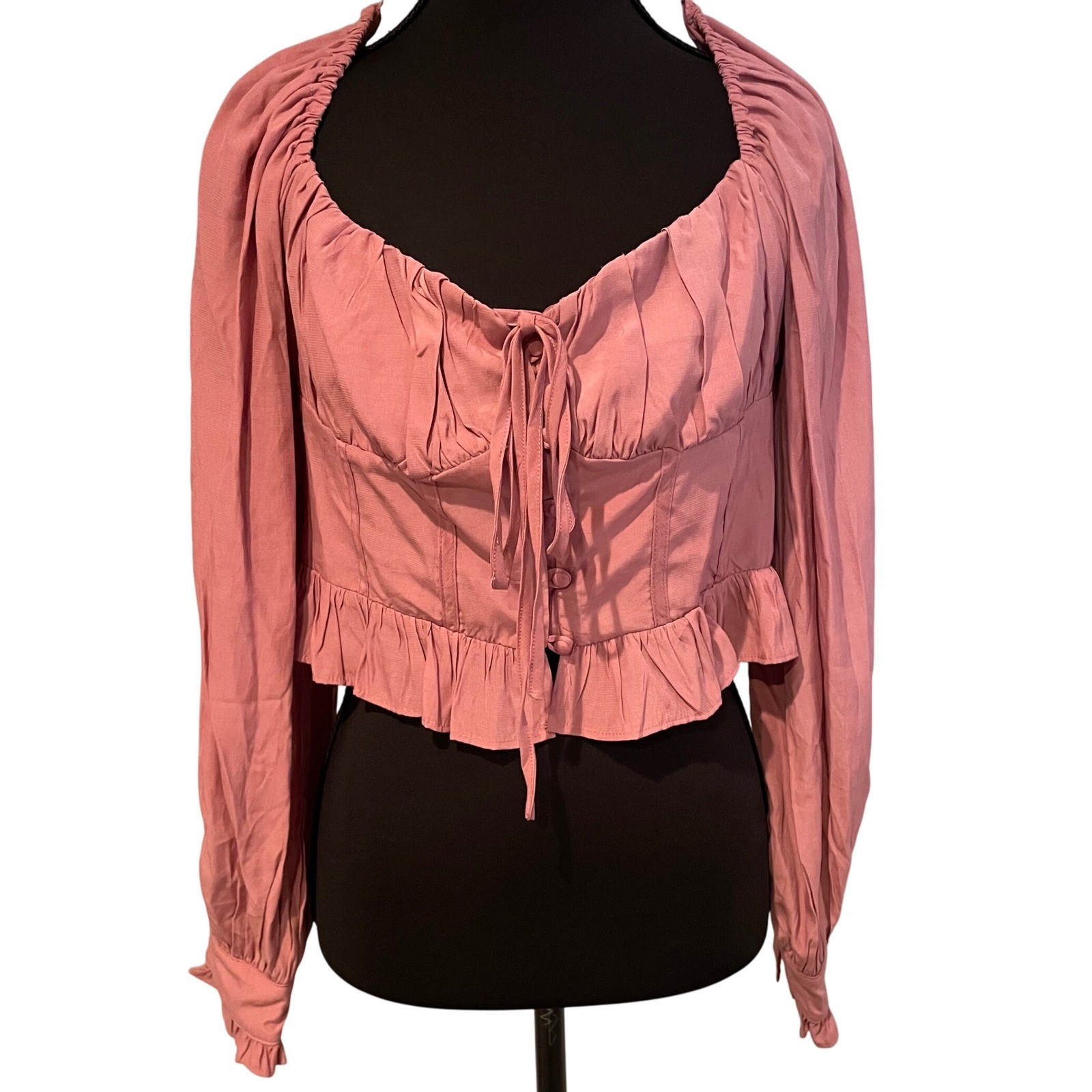 HYFVE Mauve Pink Ruched Bust Tie Front Ruffle Crop Top Long Sleeve Size L
