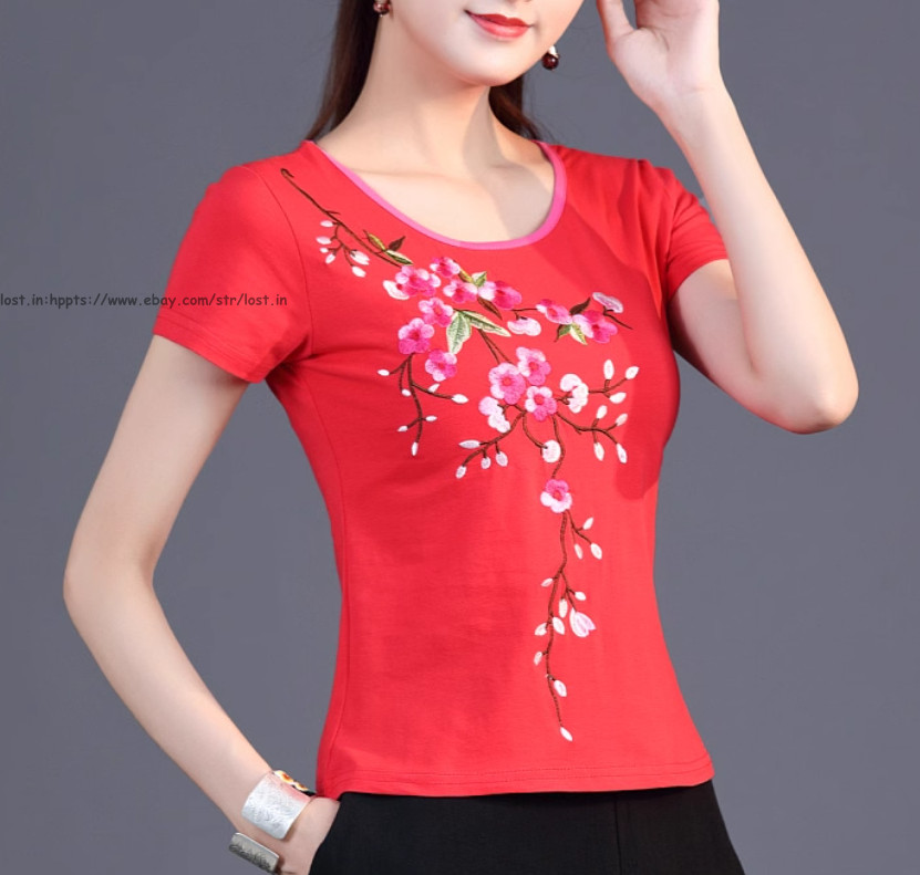 Summer Chinese Style Women’s Short Sleeve Blouse Tops embroidery Ethnic T-Shirts