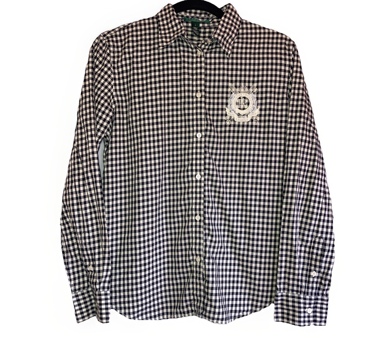 Lauren Ralph Lauren Women’s L Button Up Black White Check Snow Ski Logo