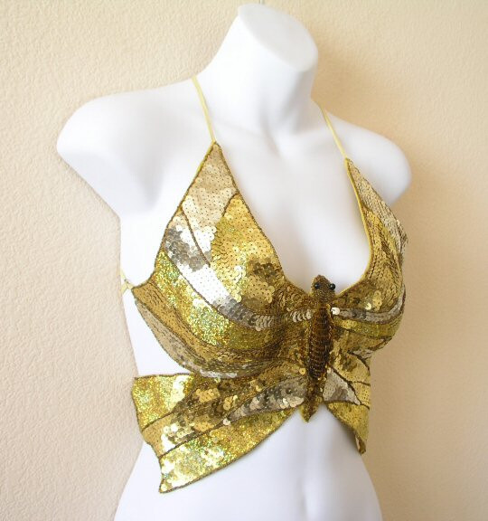 Gold & Silver Clubbing Bellydance Embroidered Sequins Butterfly Bra Top One Size