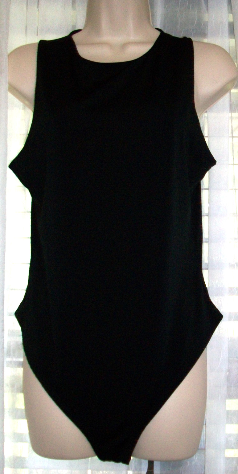 FADED ROSE SZ L BLACK SLEEVELESS SILKY STRETCH THONG BODYSUIT TOP~SNAP CROTCH~