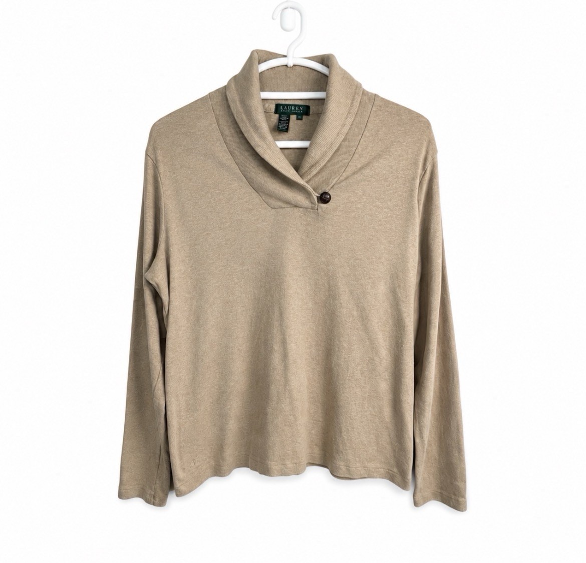 Vintage/Y2K Lauren Ralph Lauren Shawl Collar Knit Top – Khaki – 100% Cotton – XL
