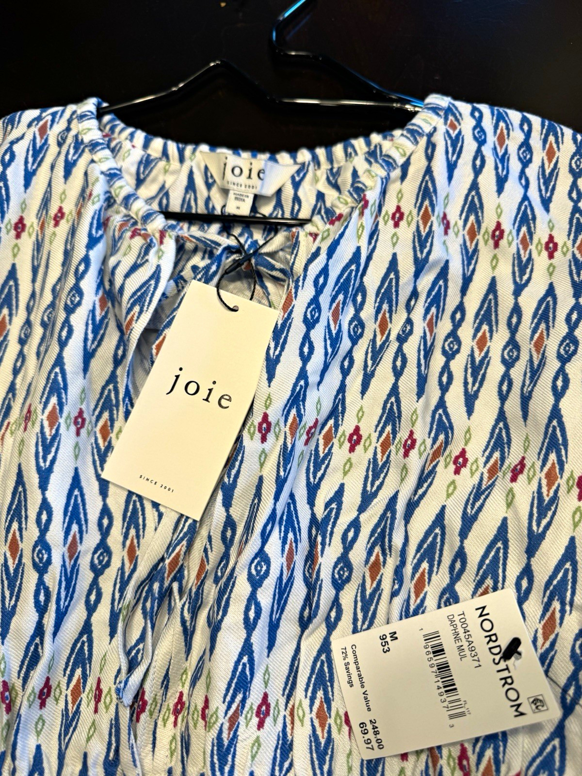 Joie Women’s M Geometric V-Neck 3/4 Sleeve Smocked Tie Peasant Blouse