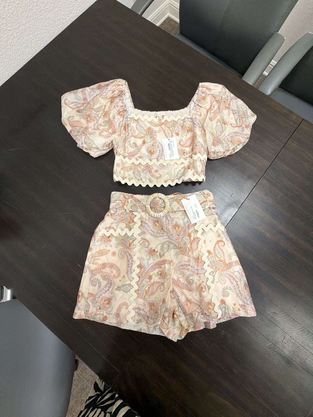 Skies Are Blue Paisley Print Puff Sleeve Cropped Top and Belted Shorts 2pc