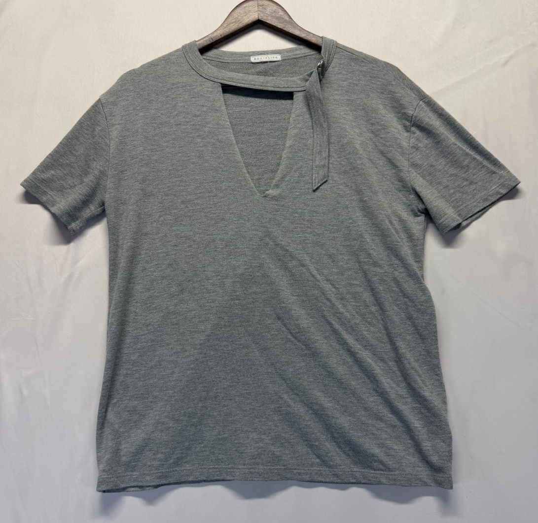 Socialite T Shirt Womens Large Heather Gray Cotton Buckle Plunging Neck Casual