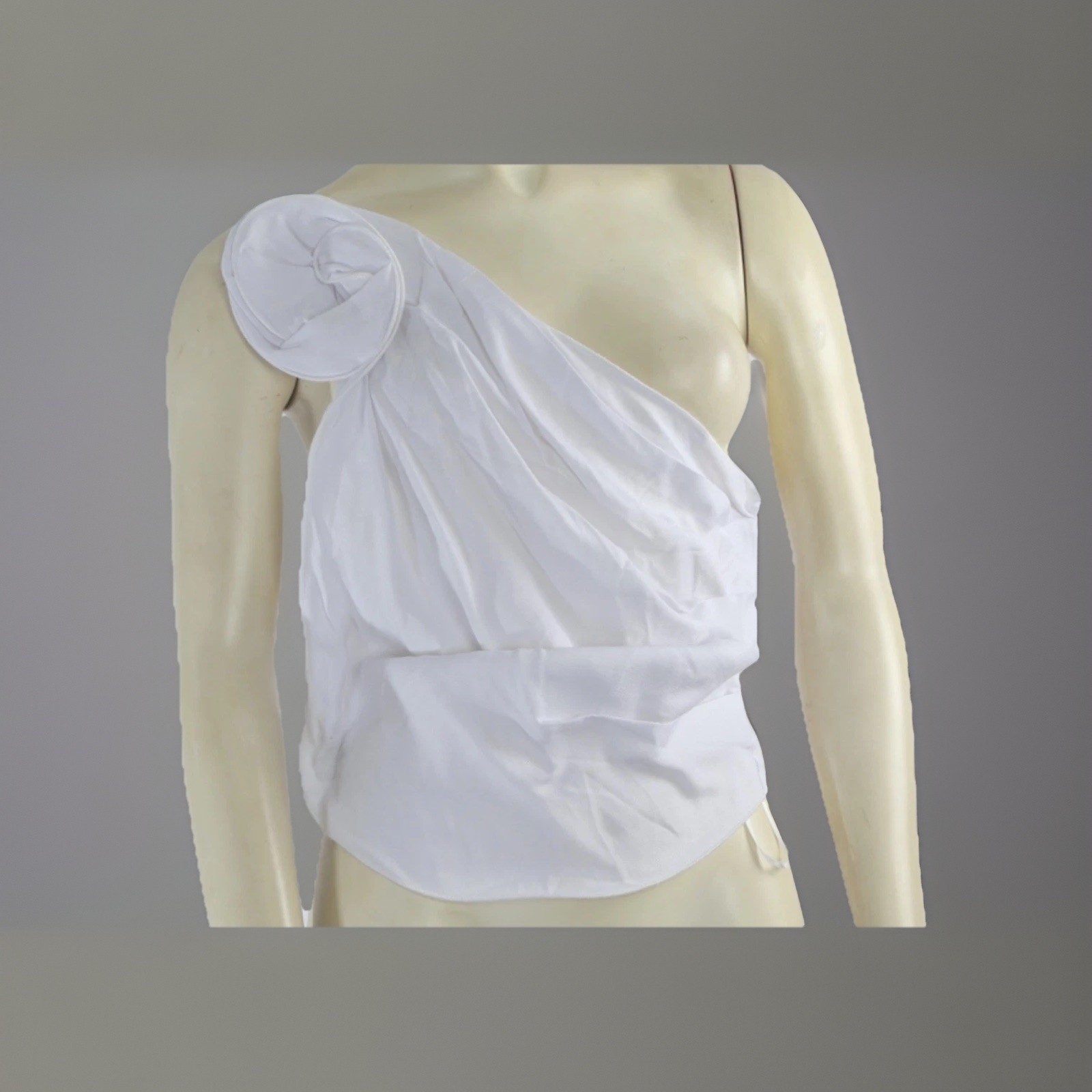 White One Shoulder Rosette Top Size S Ruched Drape Asymmetric Cotton Blouse