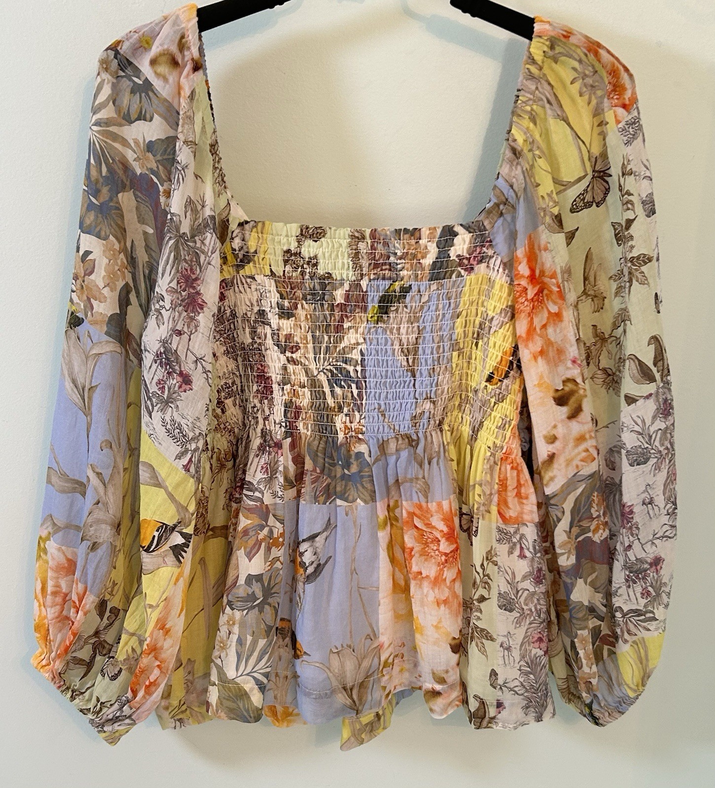Banana Republic Womens L Mixed Print Patchwork Ramie Twist Top Boho Babydoll EUC