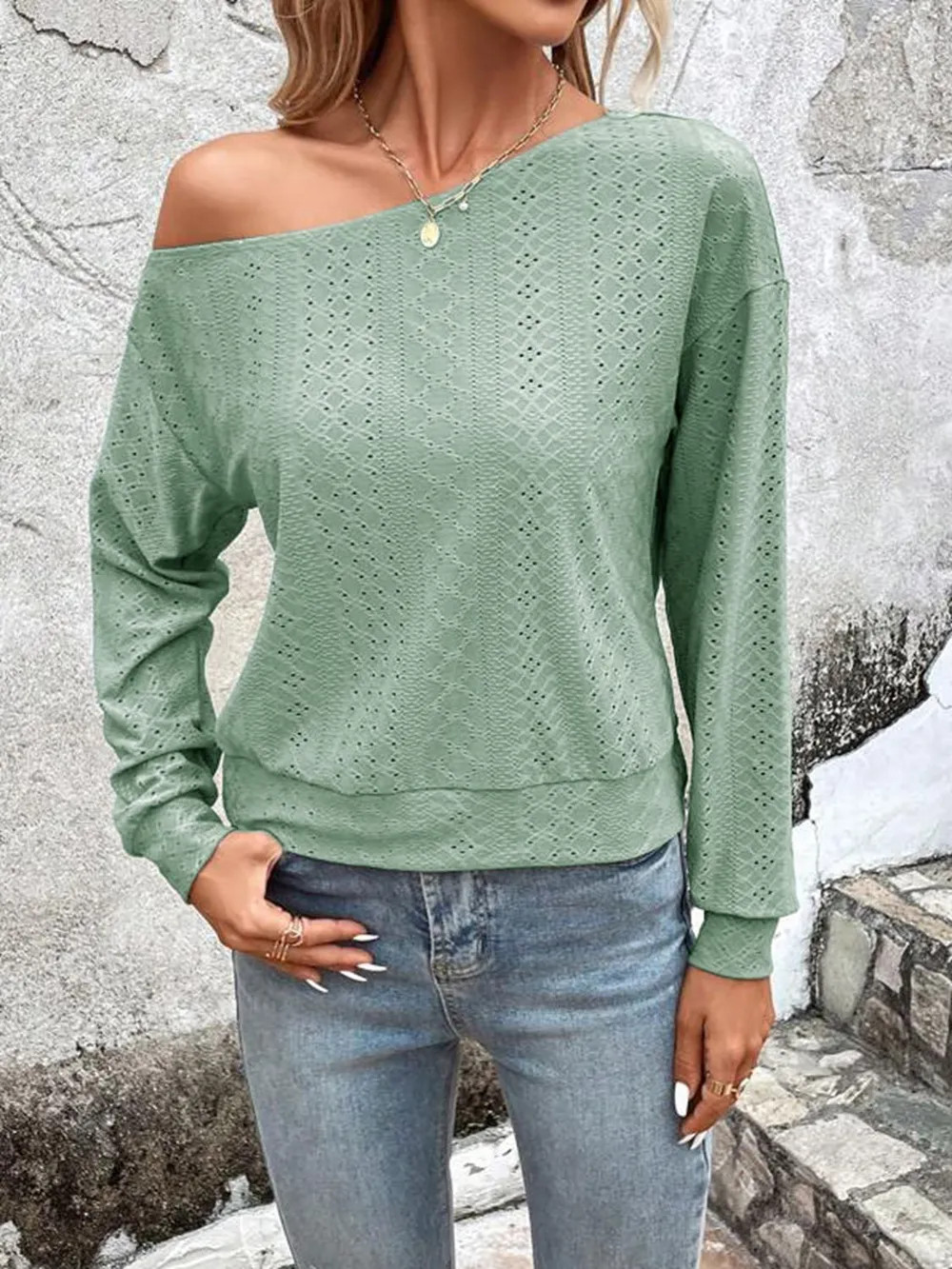 Women’s Eyelet One Shoulder Long Sleeve Blouse Solid Polyester Top Casual