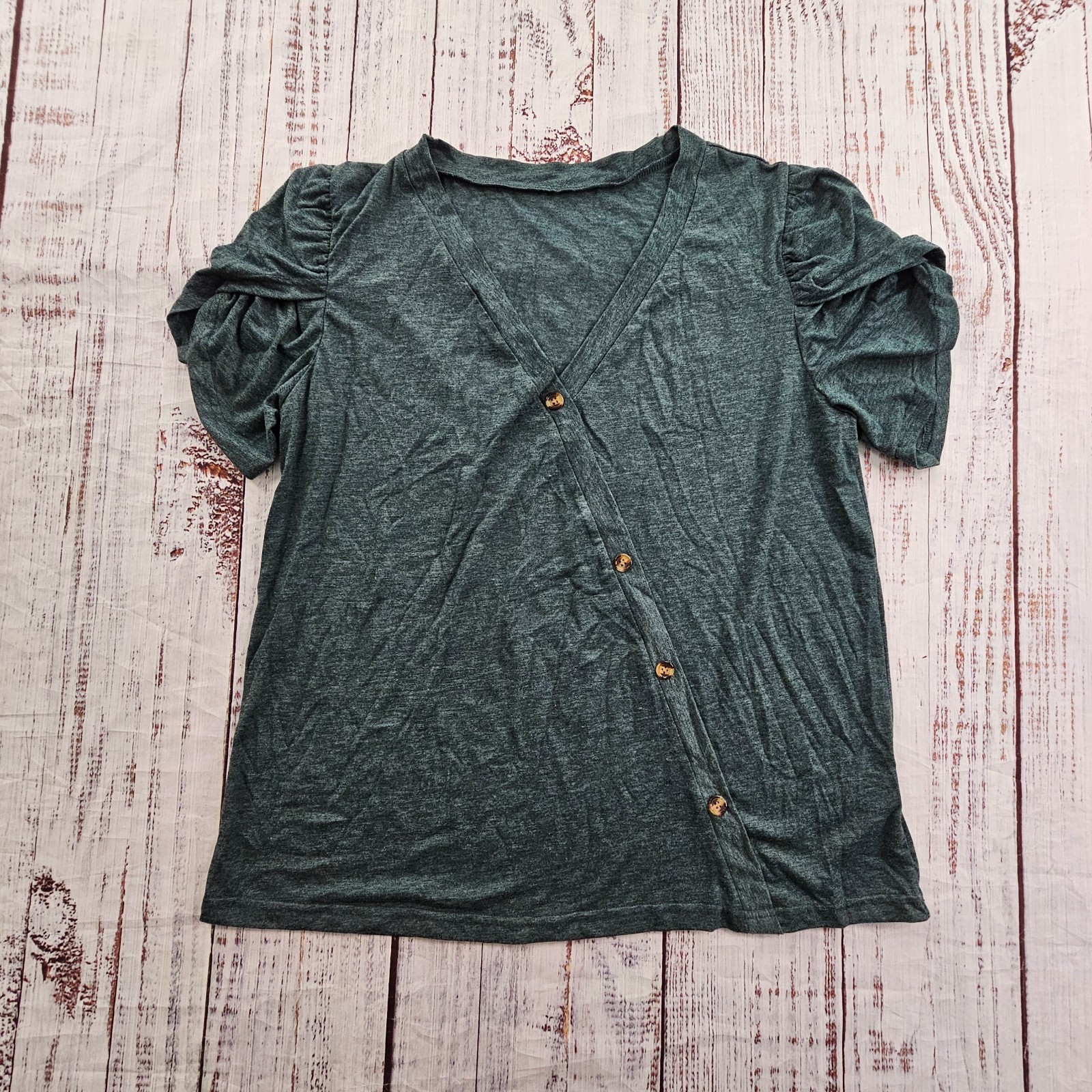 Emery Rose Heathered Green Puff Sleeve Asymmetrical Button Pullover Blouse XL