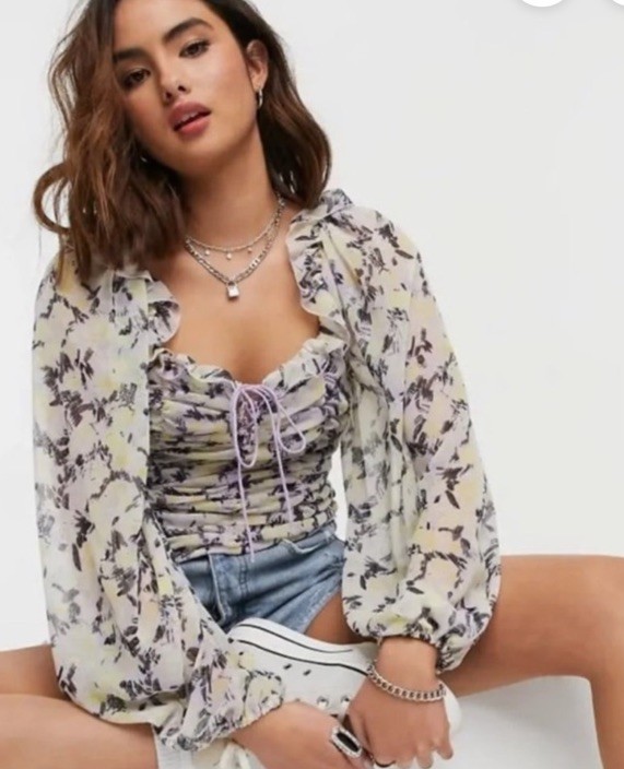 Free People Mabel Printed Ruched ruffles square neck Balloon Sleeve Blouse XS
