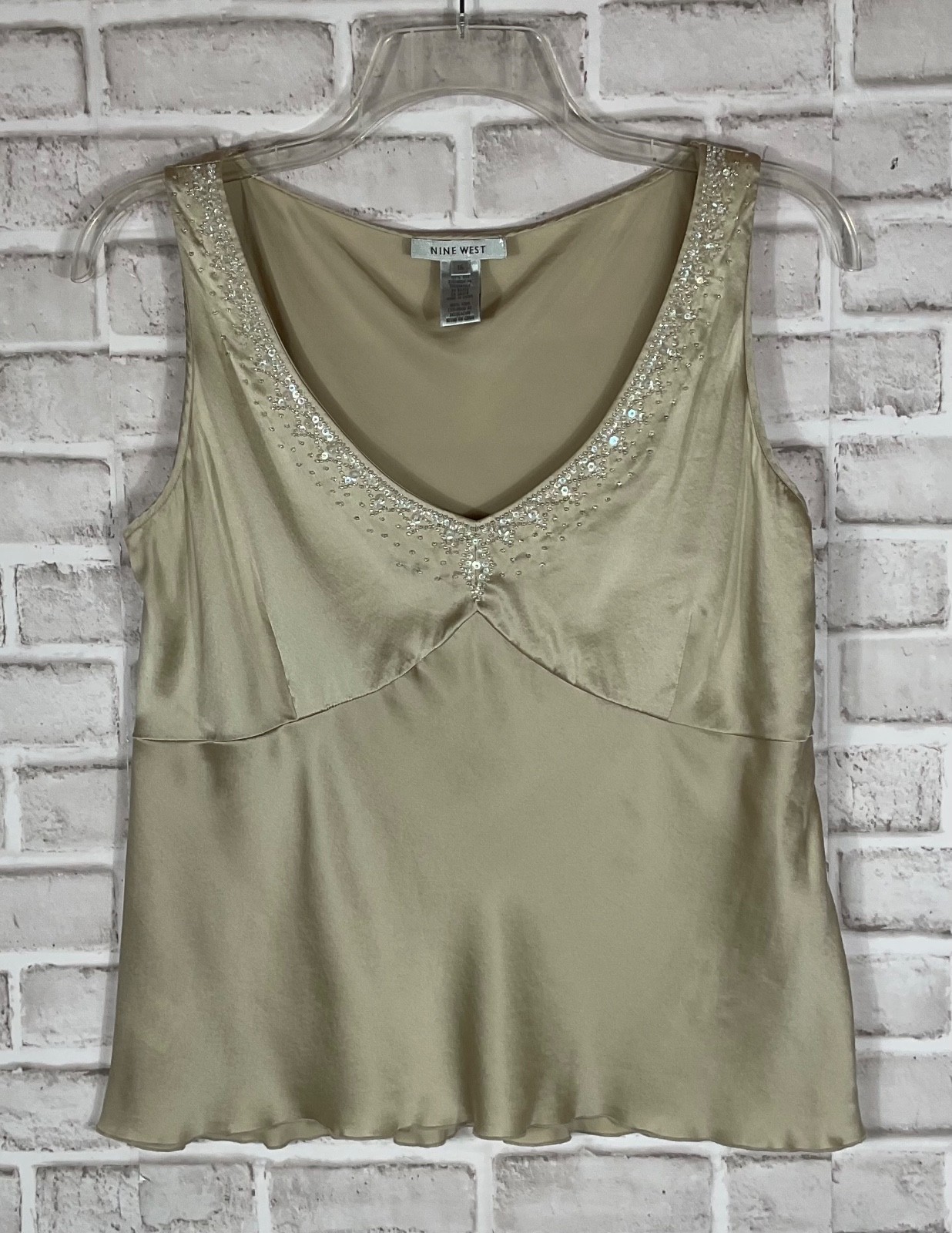 Nine West Tank Top Womens Sz 16 Beige Vintage 1990s Silk Pleated Camisole