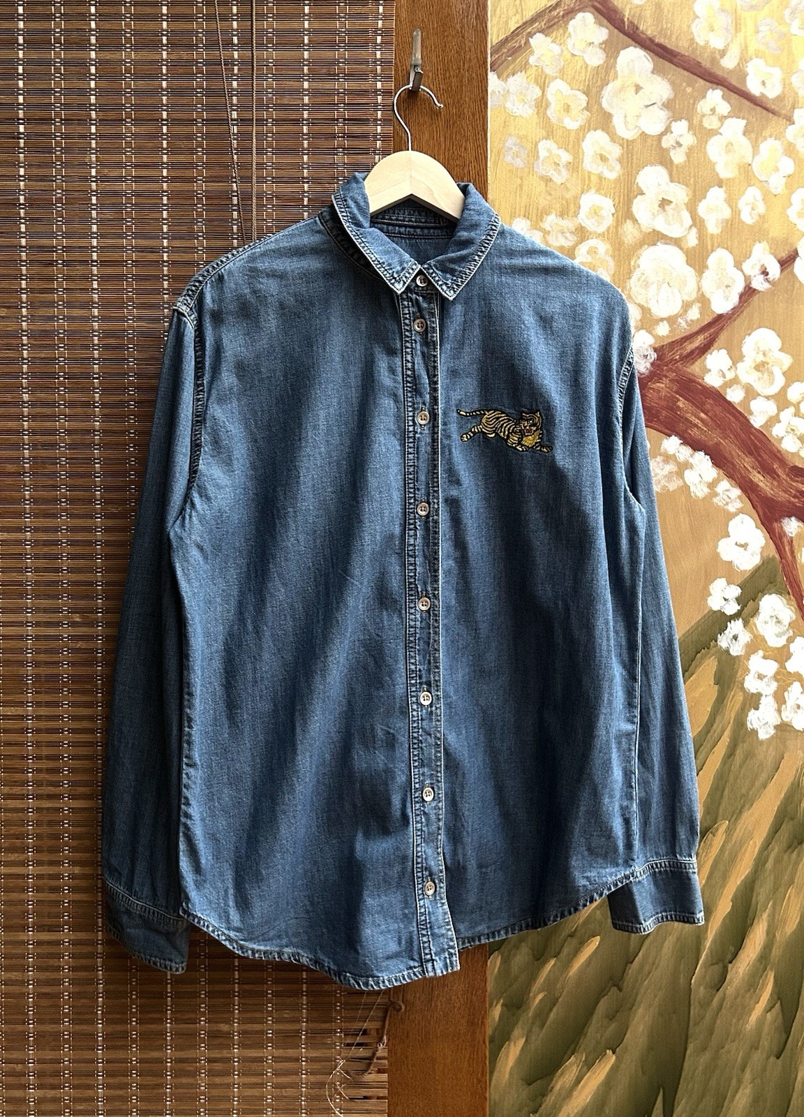 Kenzo Paris Embroidered Tiger Denim Long Sleeve Women’s Shirt In Blue Size 38