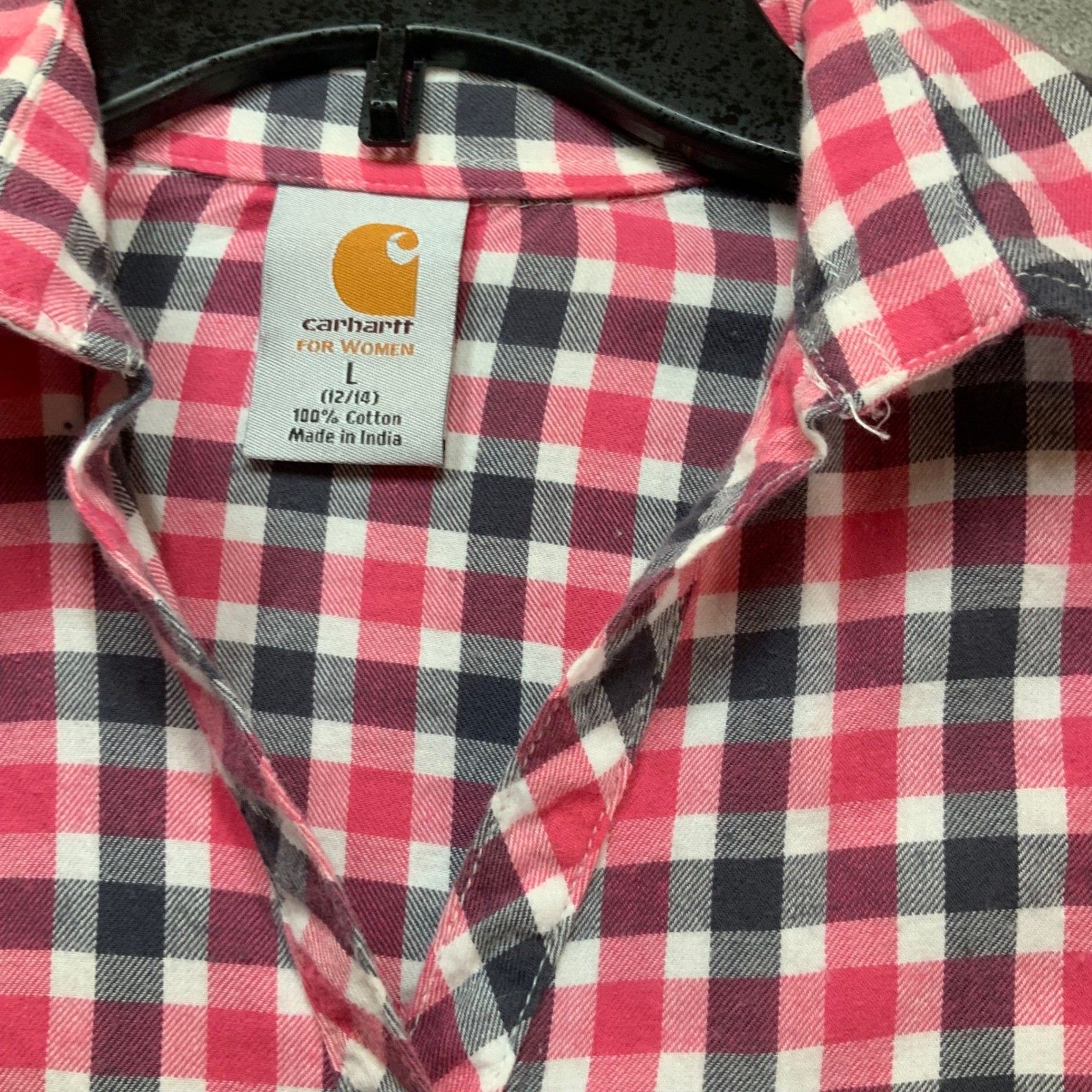 Carhartt Womens Pink Navy Blue Gingham Plaid Button Down Shirt Large L 12/14