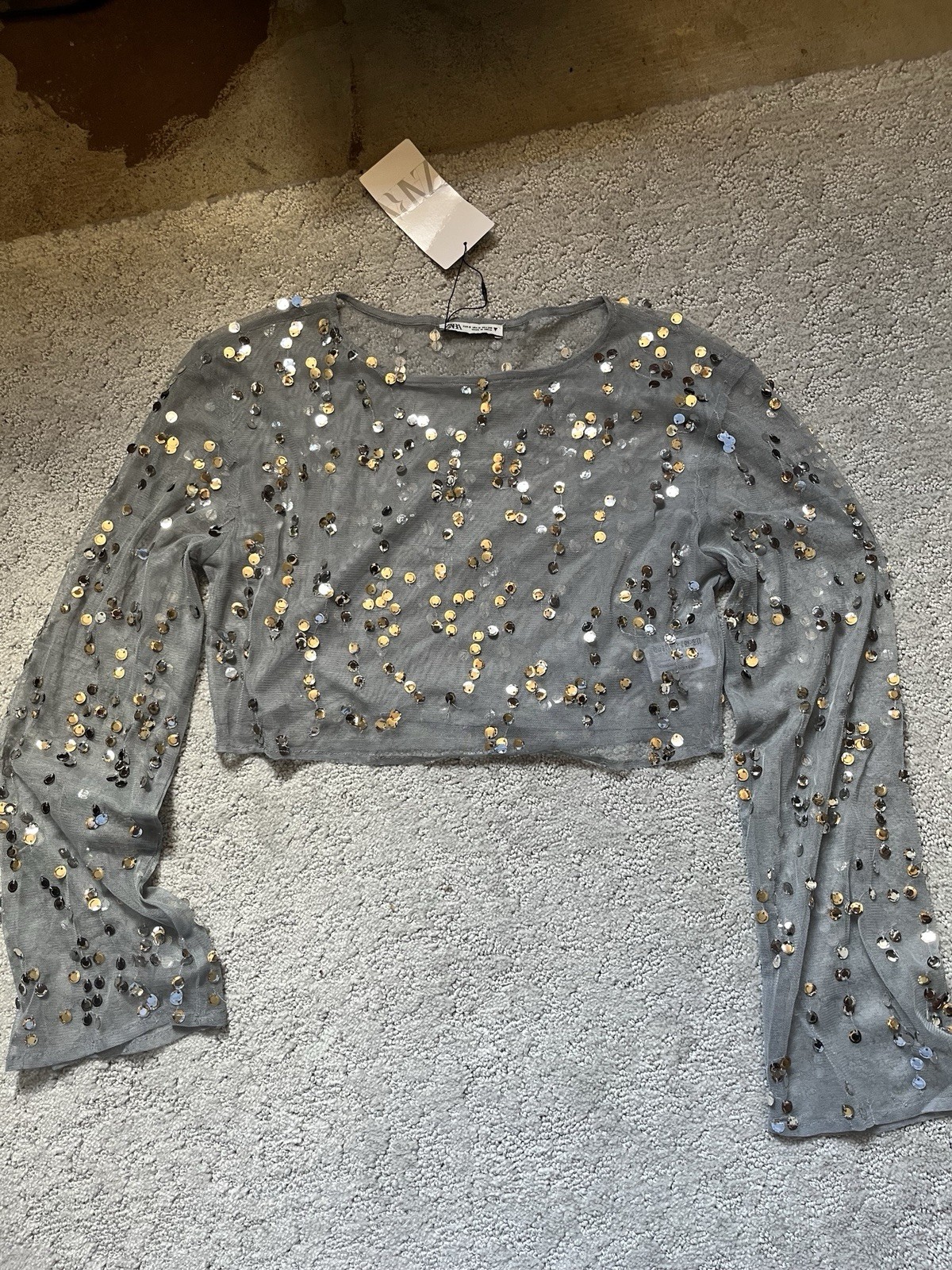 Zara Pull Over Semi Shear shirt Top Spangles Front & Back Lined Grey S/M Zara