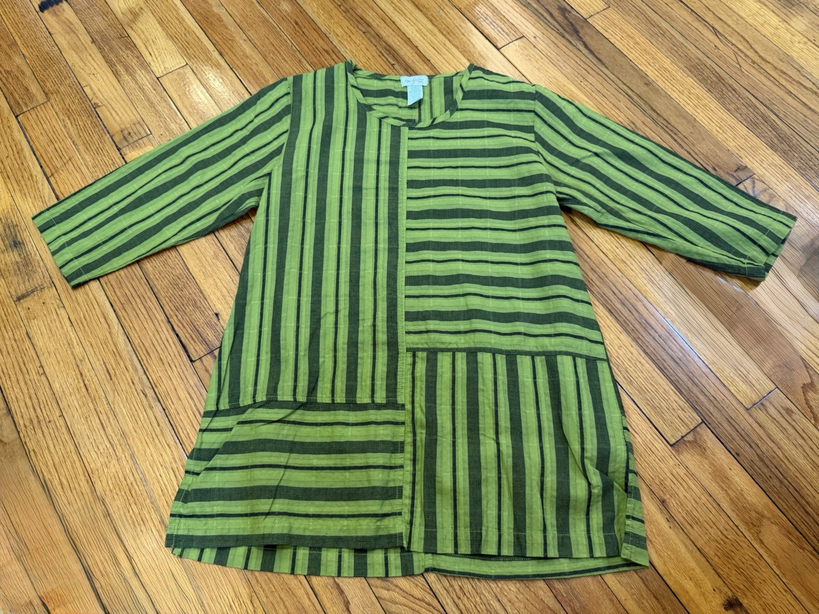 Mosaic USA Cotton Blend Green/Black Striped A-Line Shirt Women’s S USA Made