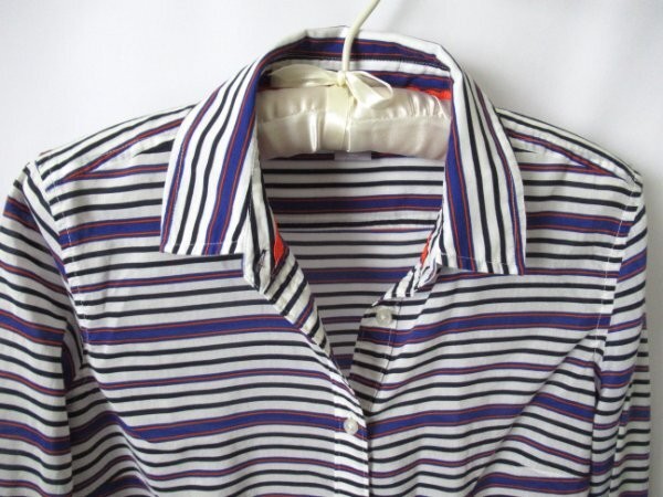 jcp white blue striped cotton silk blend button front long sleeve shirt *Sz S*