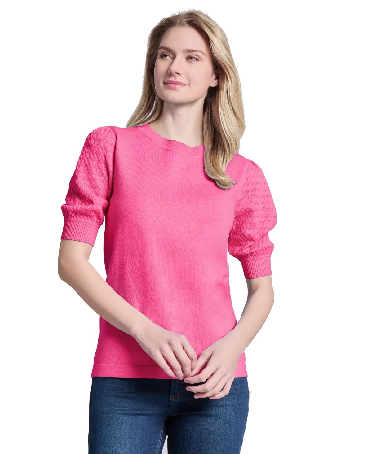 Jones New York Womens Azalea Pink Puff-Sleeve Crewneck Blouse Top Size XS