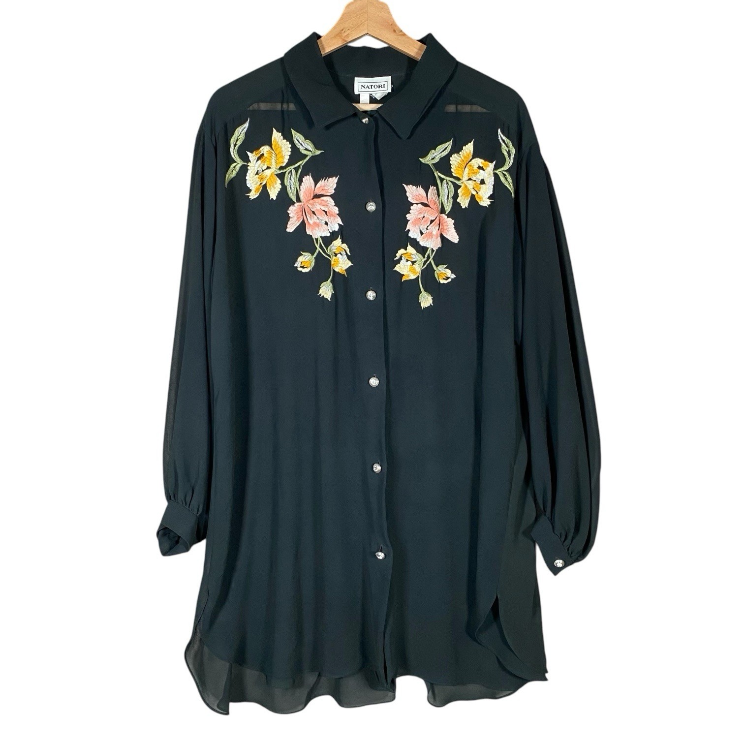 VTG Natori x I. Magnin Sheer Chiffon Tunic Blouse Floral Embroidered Beach Cover