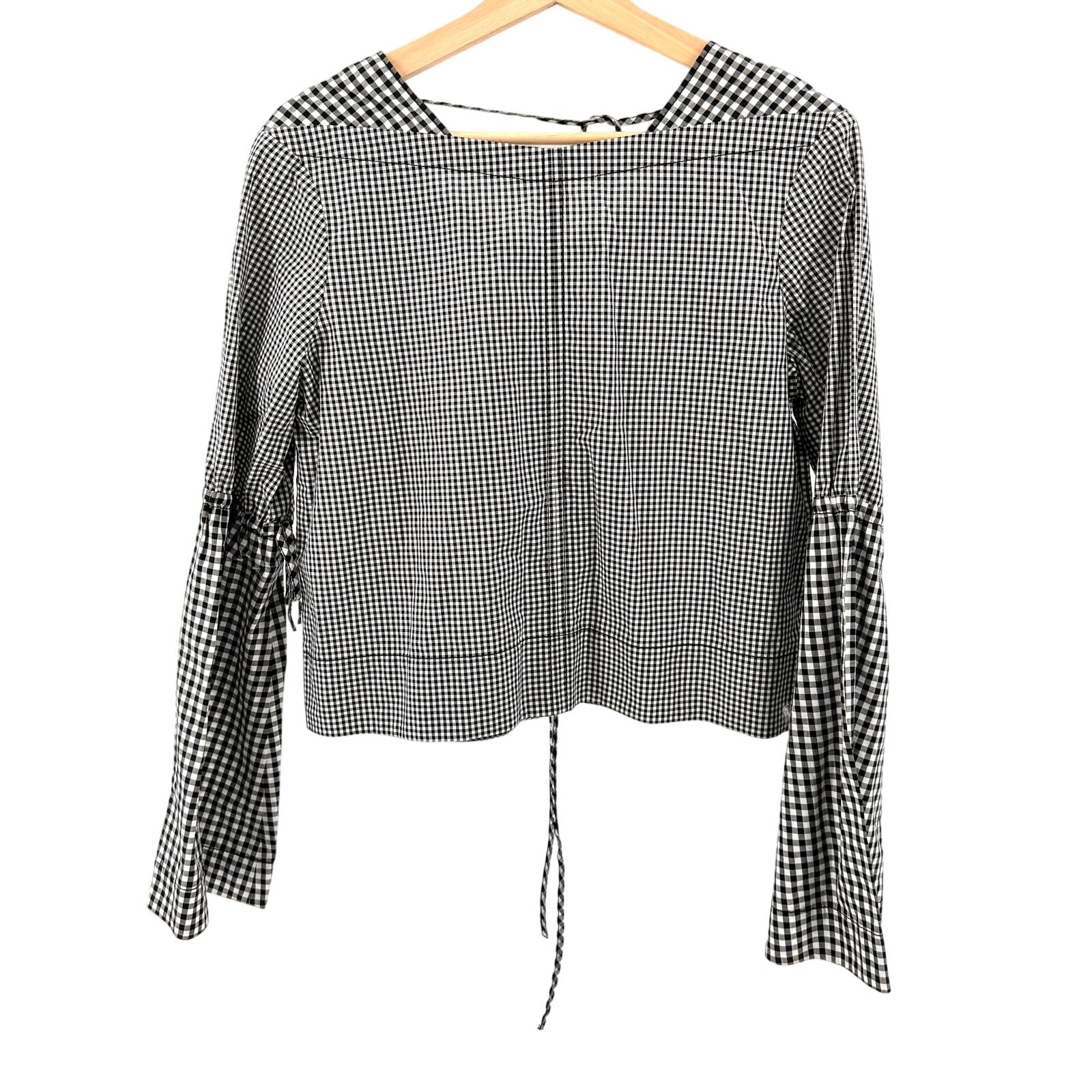 Derek Lam 10 Crosby Black White Gingham 100% Cotton Tie Detail Blouse