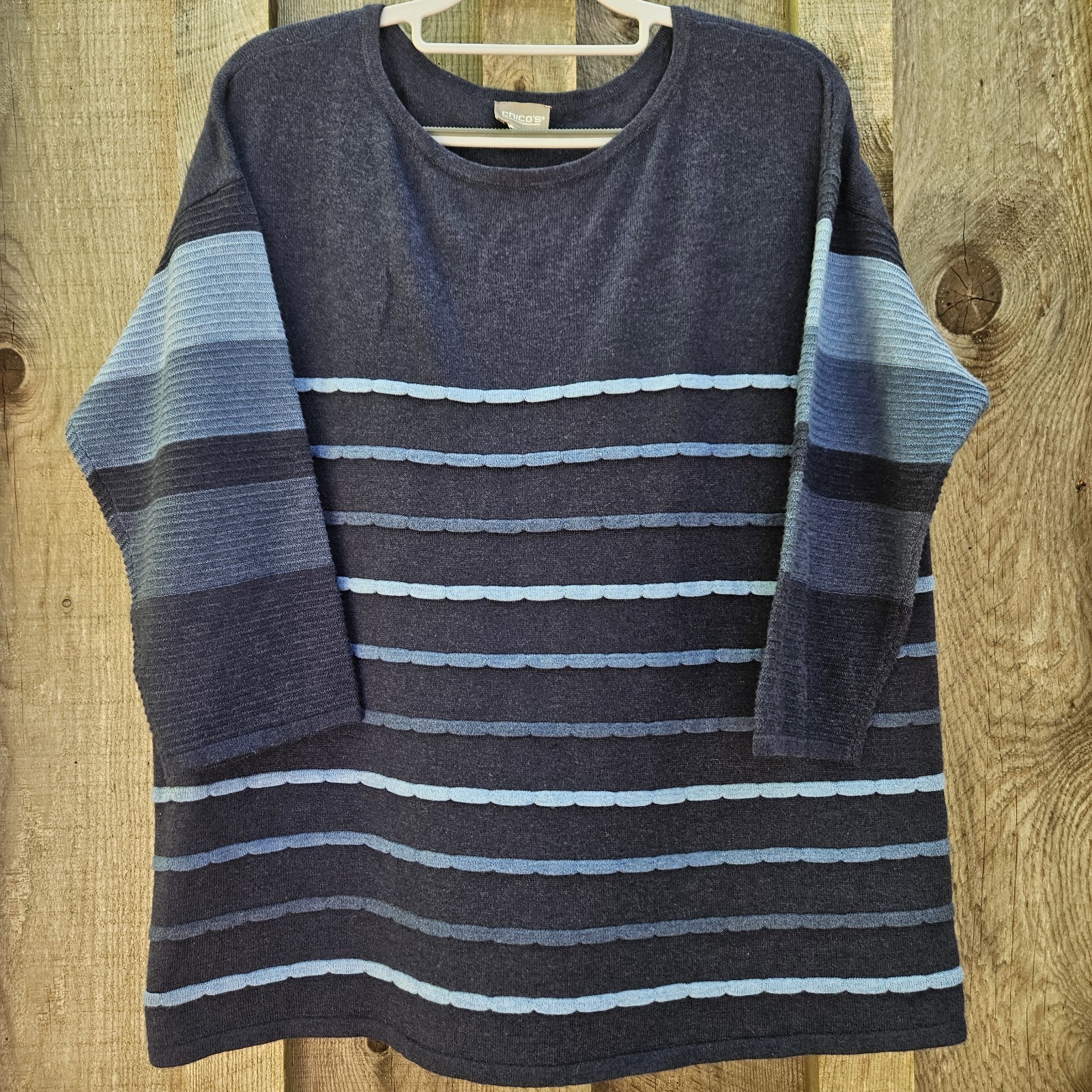 Chicos Womens Blue Stripe Pullover 3/4 Sleeve Sweater Touch of Cashmere READ