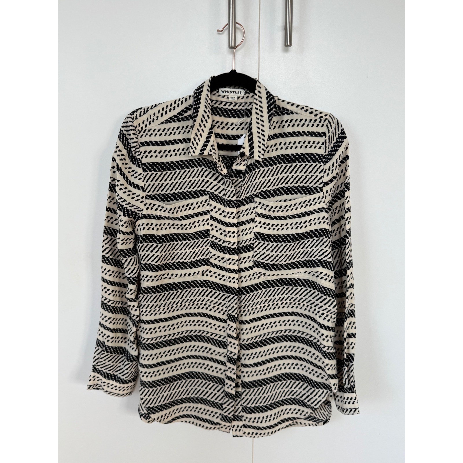 Whistles Womens Abstract Geometric Stripe Button Down Shirt Black Cream – S