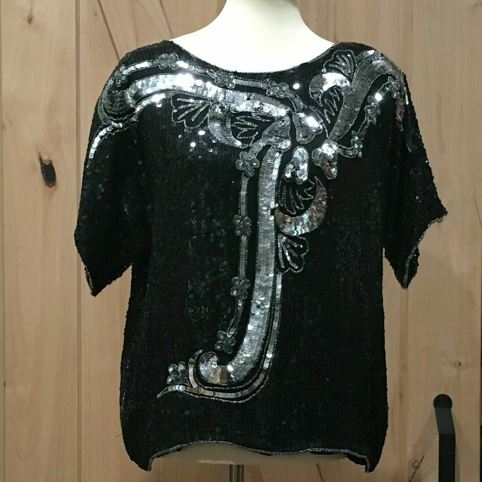 Vintage JEAN for JOSEPH LE BON Silk Black Sequined Floral Top Large Glam