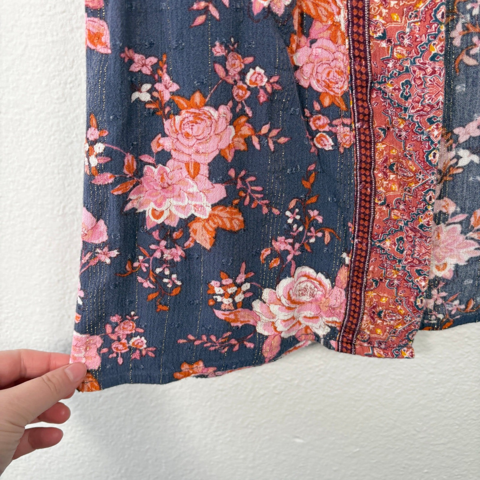 Matilda Jane Boho Hippie Open Front 3/4 Sleeve Metallic Floral Olivia Kimono Top