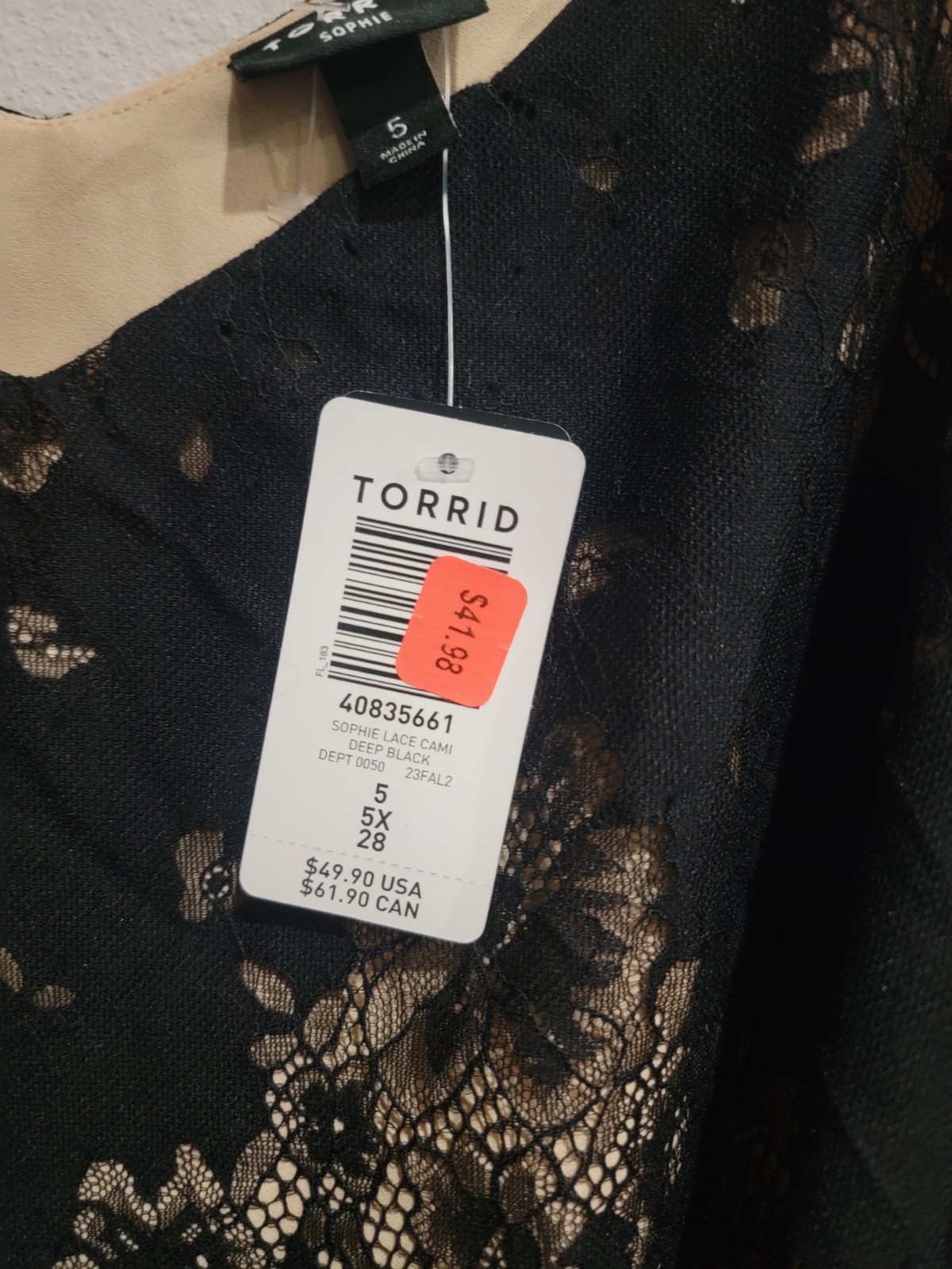 Torrid Sophie Lace Cami Black Over Tan Sleeveless Plus Size 5 5X 28 NWT New