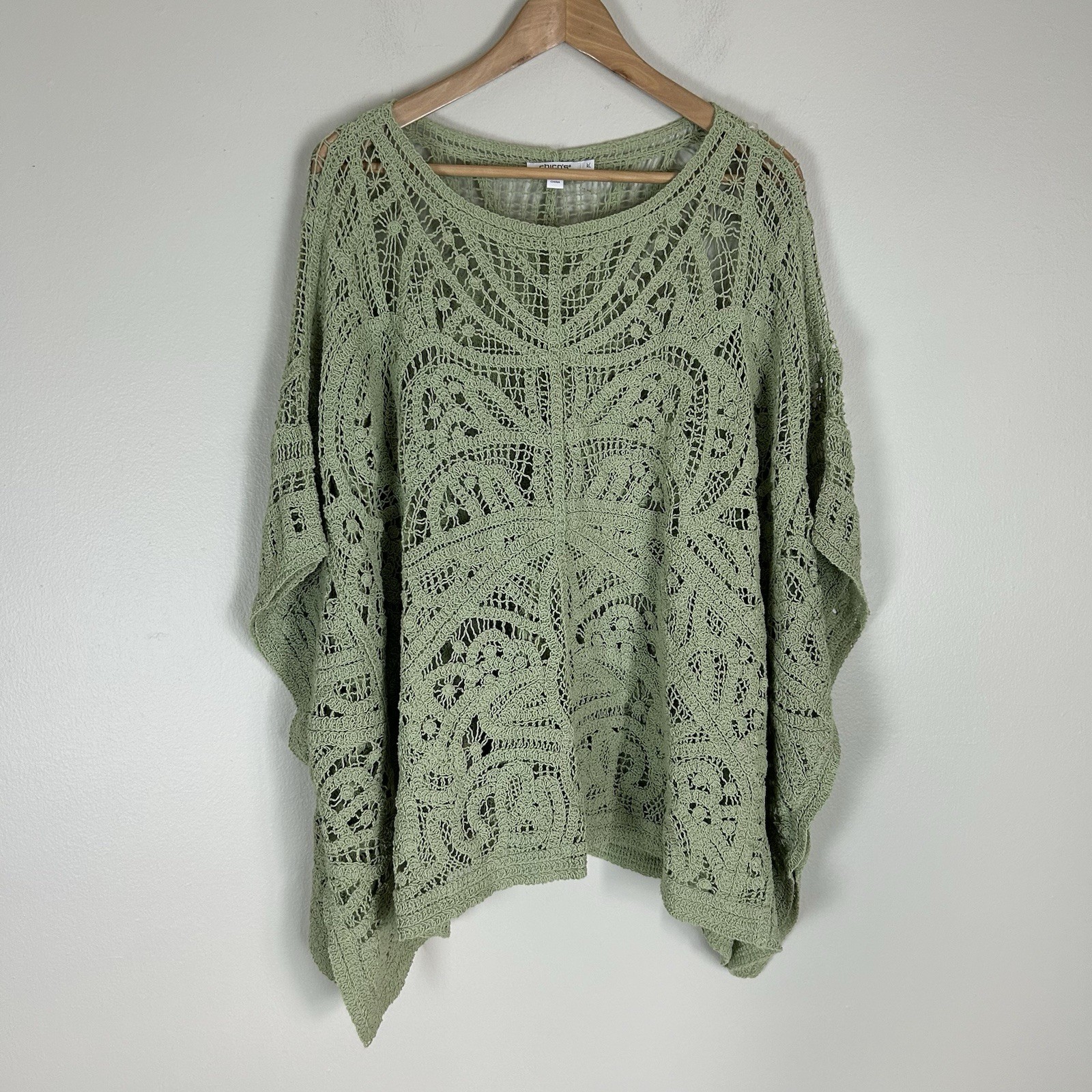 Women’s Chico’s Green Crochet Cotton Poncho Shawl Wrap L/XL Floral Accent Top