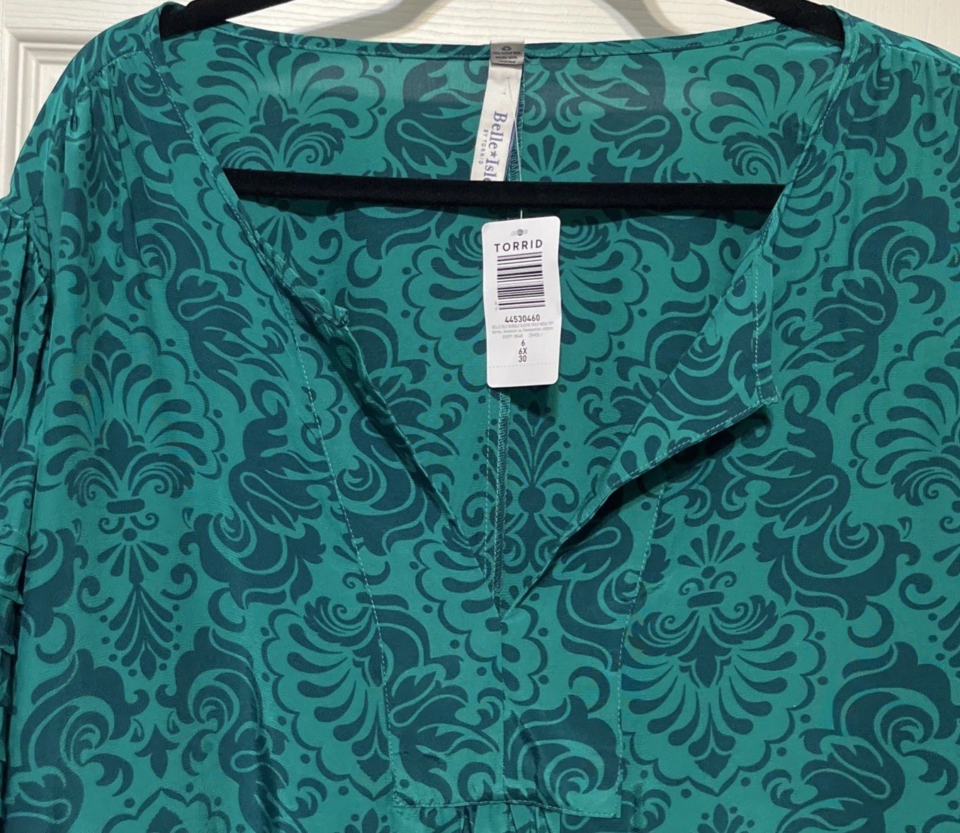 Torrid Ultramarine Green Bubble Sleeve Split Neck Damask Print Top Size 6X NWT