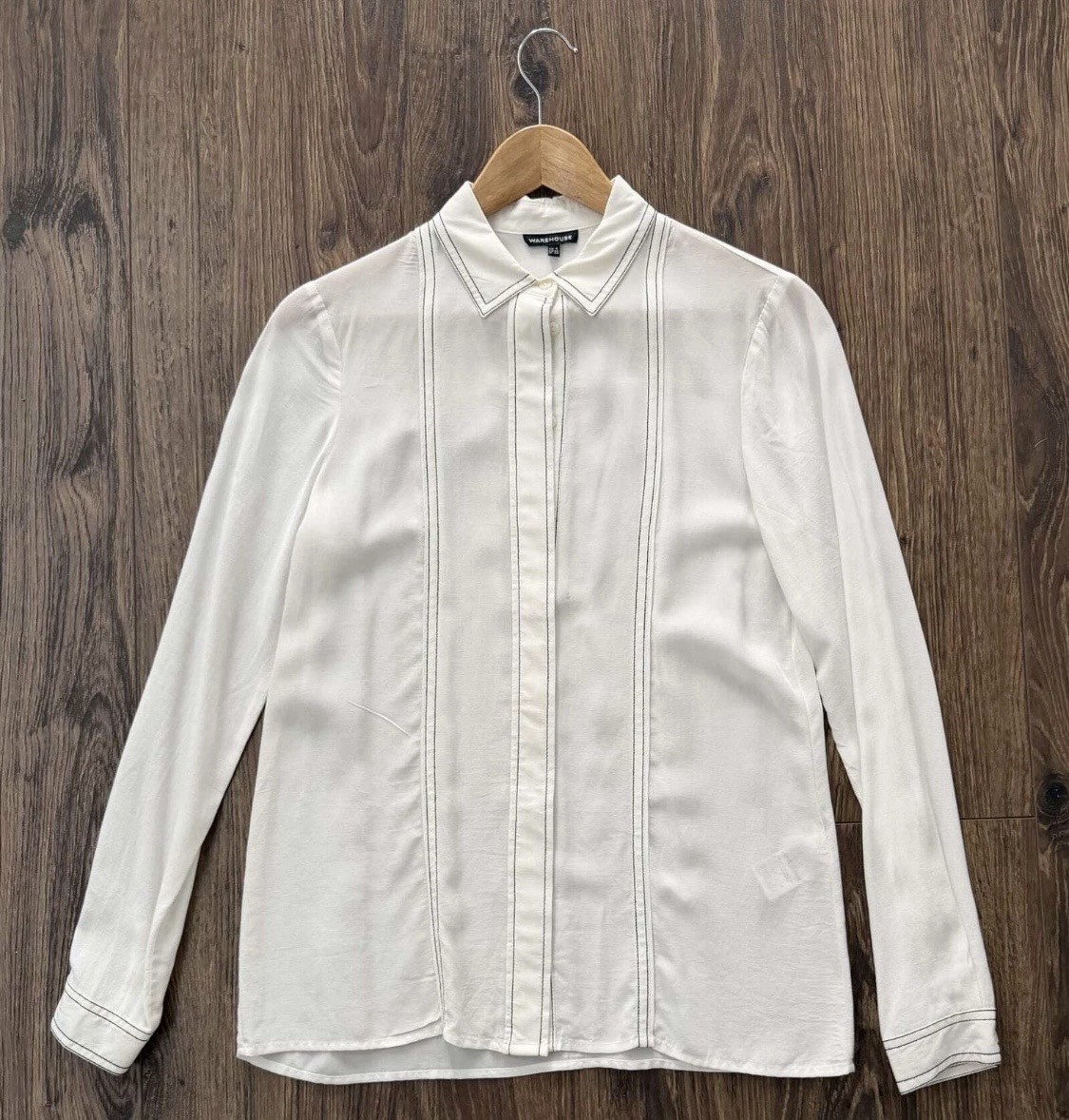 Warehouse White Long Sleeve Collared Button-Up Viscose Blouse Size 8