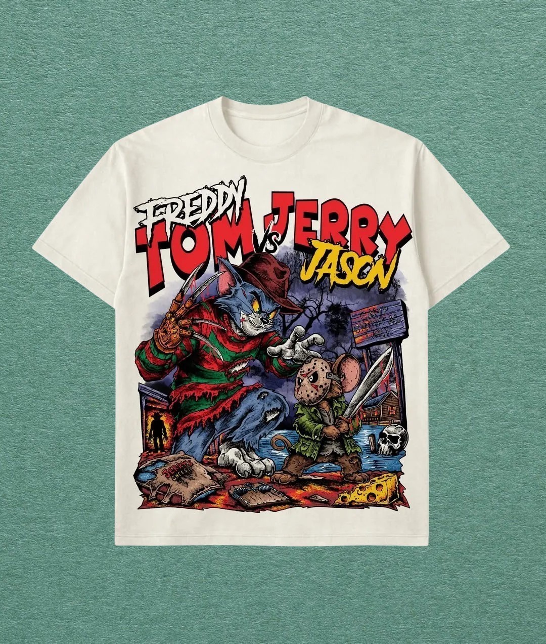 Vintage Horror Cat vs Masked Slasher Graphic T-Shirt Retro Halloween Tee T-Shirt