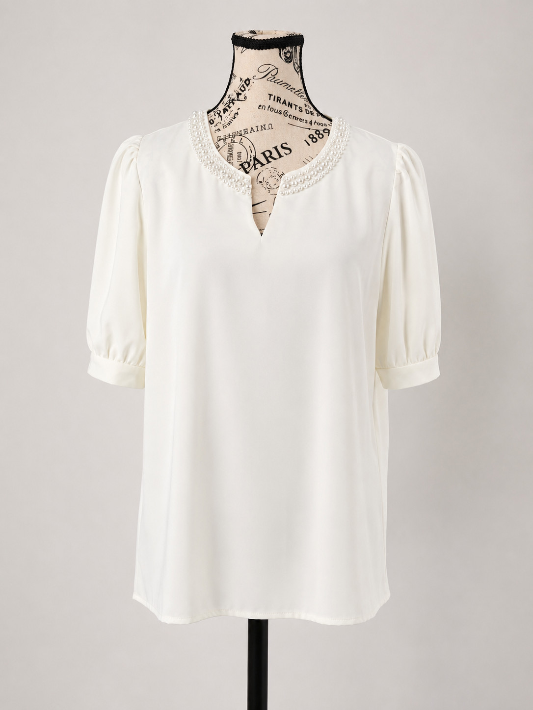 Ivory Pearl Trim Blouse Womens Puff Sleeve Business Casual Office Top SM or XL