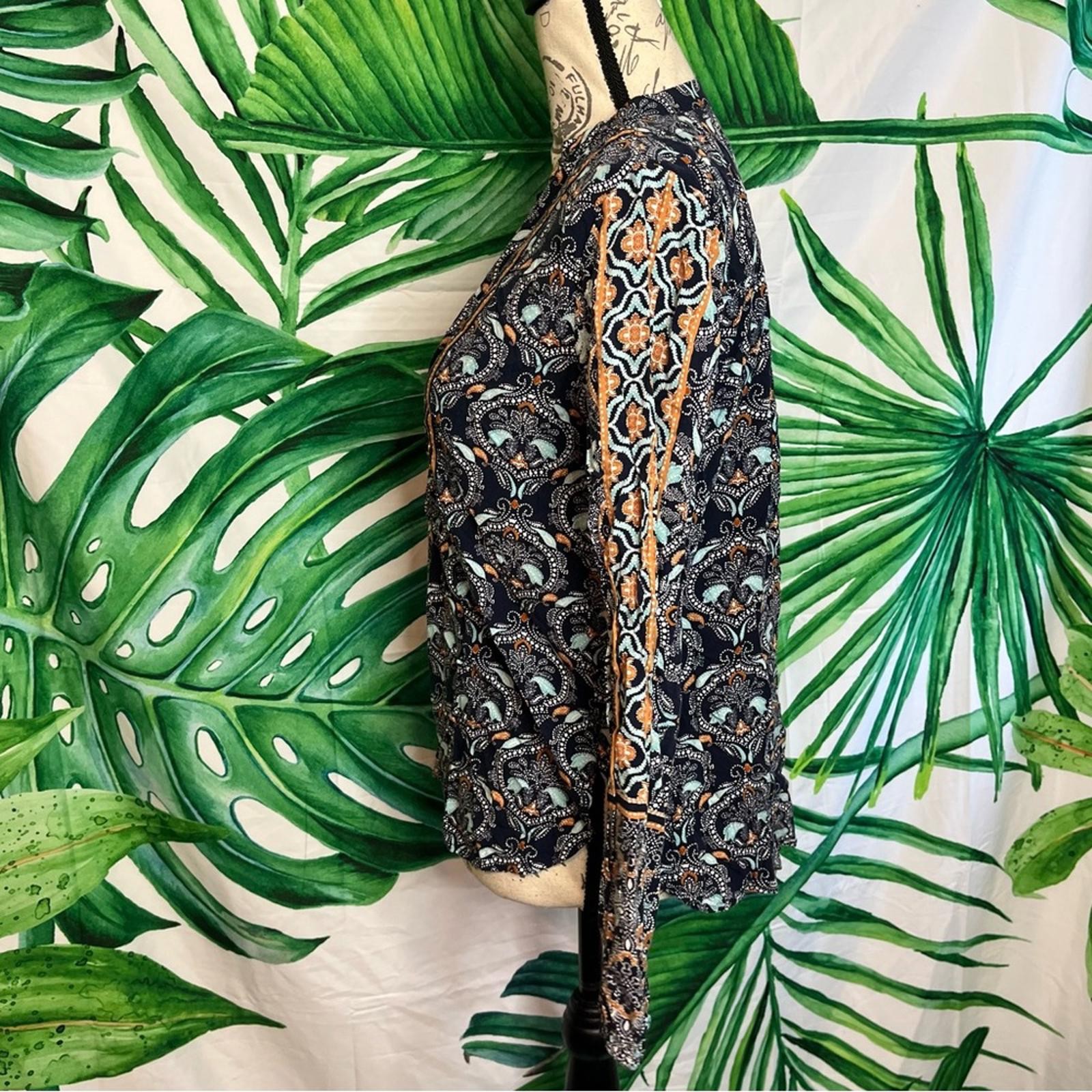 Loft S Dark Blue Orange Paisley V Neck Lightweight Boho Blouse
