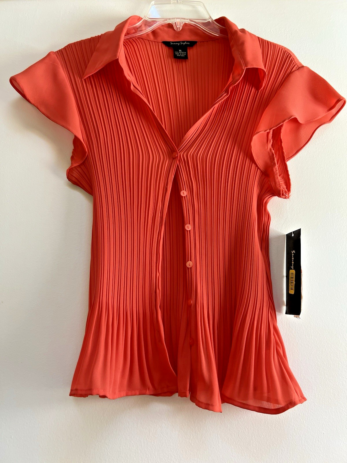 Sunny Taylor Women sz XL Orange Stretch Cap Sleeve Collar Button-up Shirt Blouse