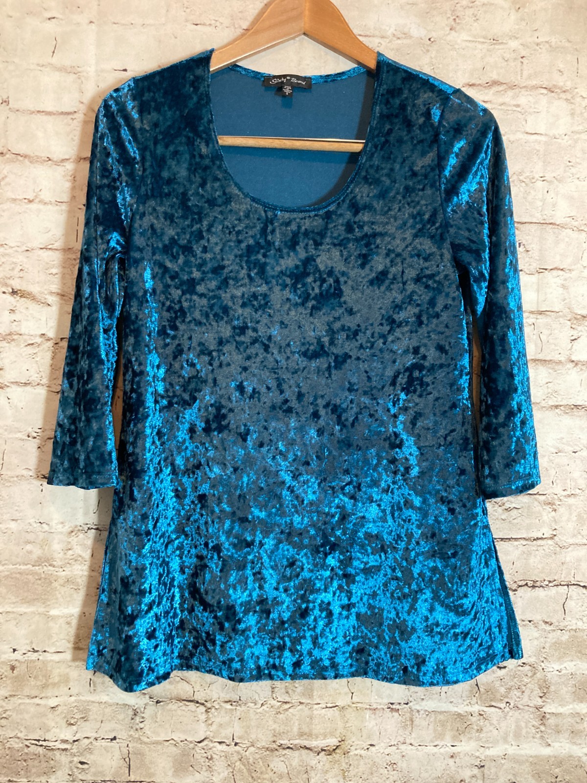 Slinky Brand Top Womens Small Crushed Velvet Dark Turquoise Tunic Artsy Stretch
