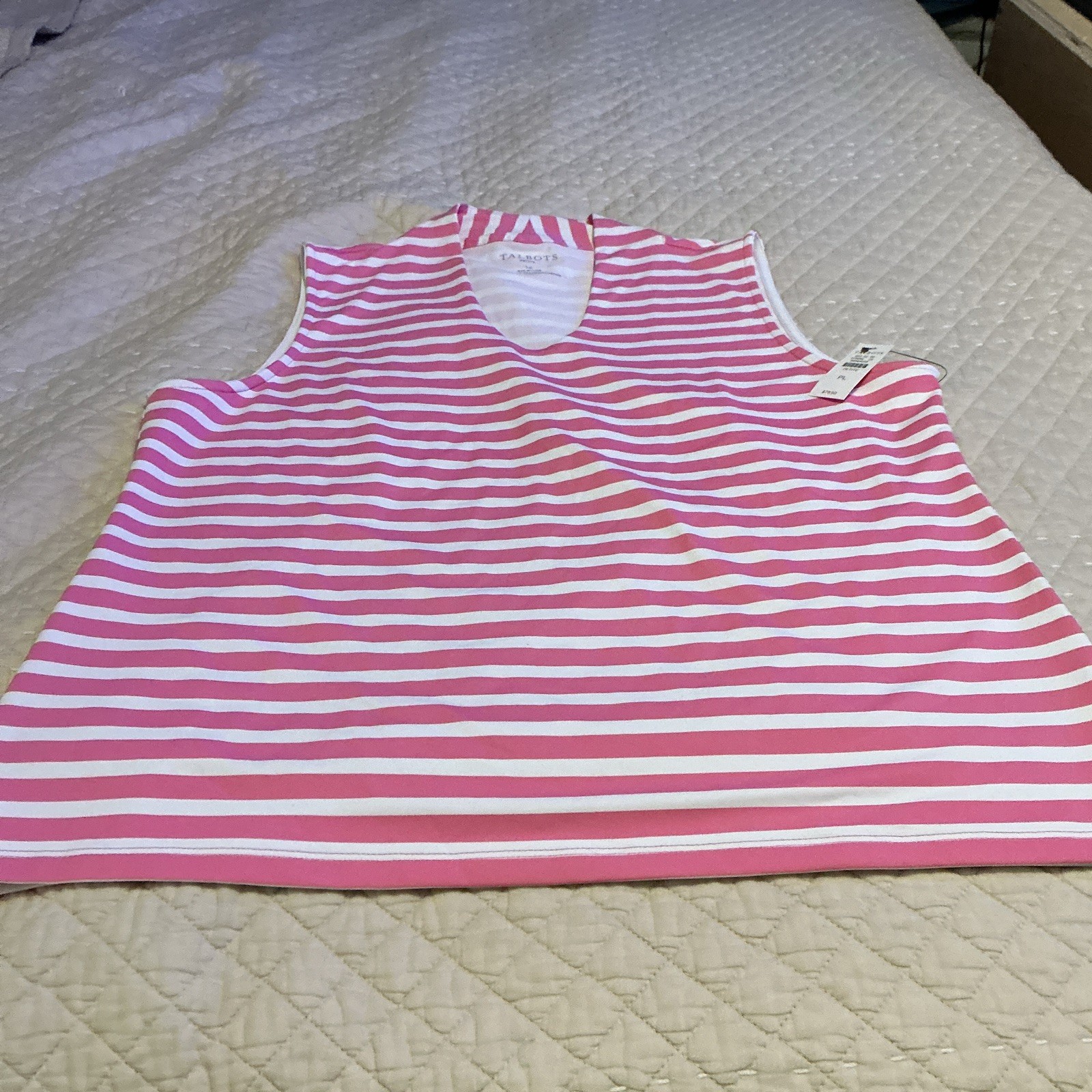 Talbots Women’s L Petite Pink/White Striped Knit Scoop Neck Tank Top Stretch