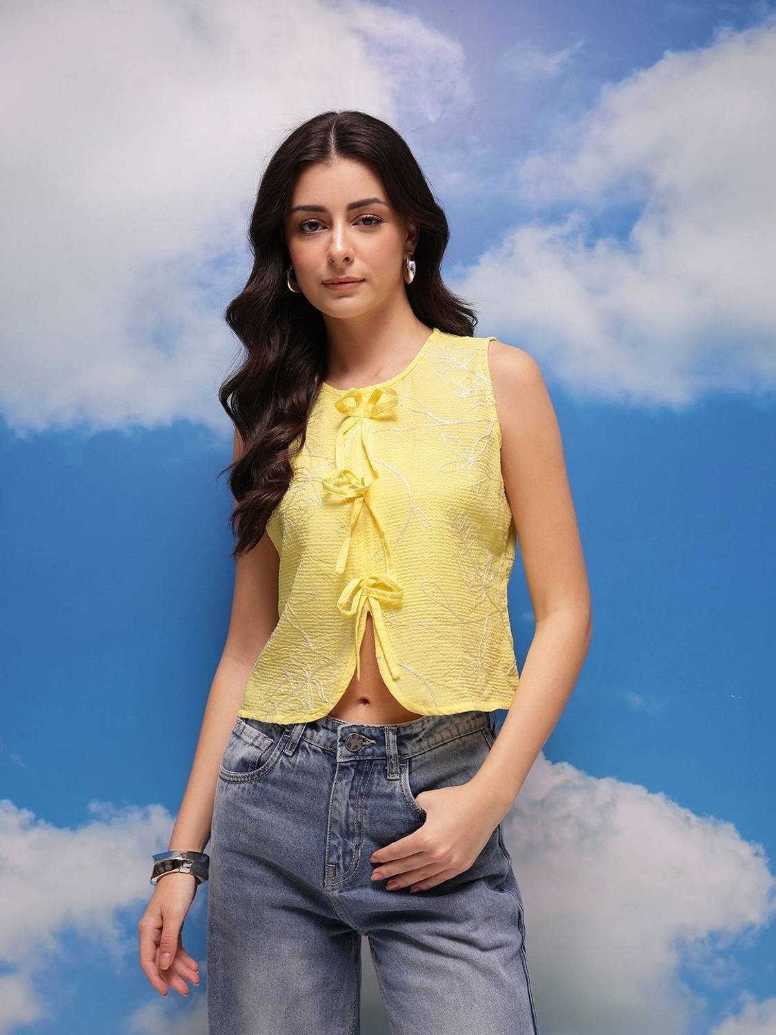 Casual Sleeveless Self Design Women Yellow Top Lightweight Casual Wear