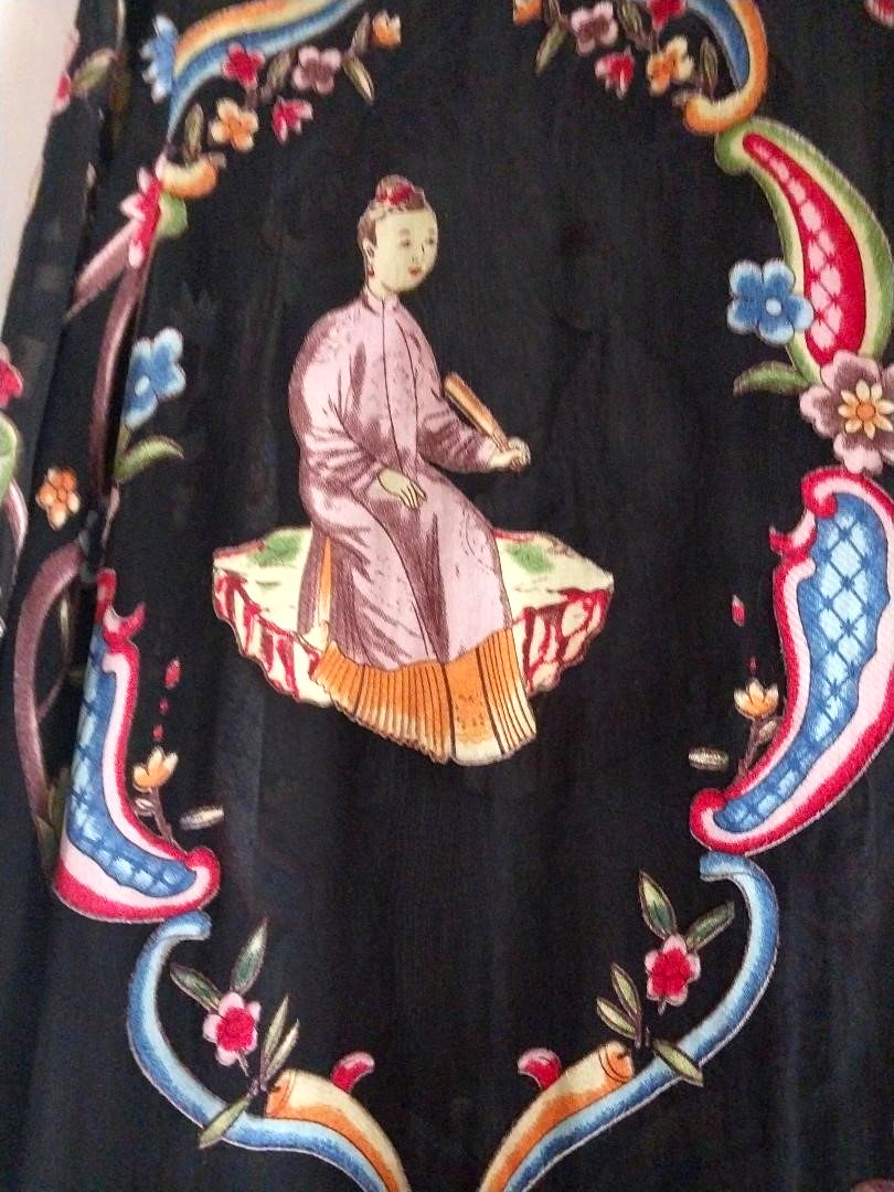 Vintage Citron Santa Monica Silk Black Multicolor Asian Motif Kimono Duster M