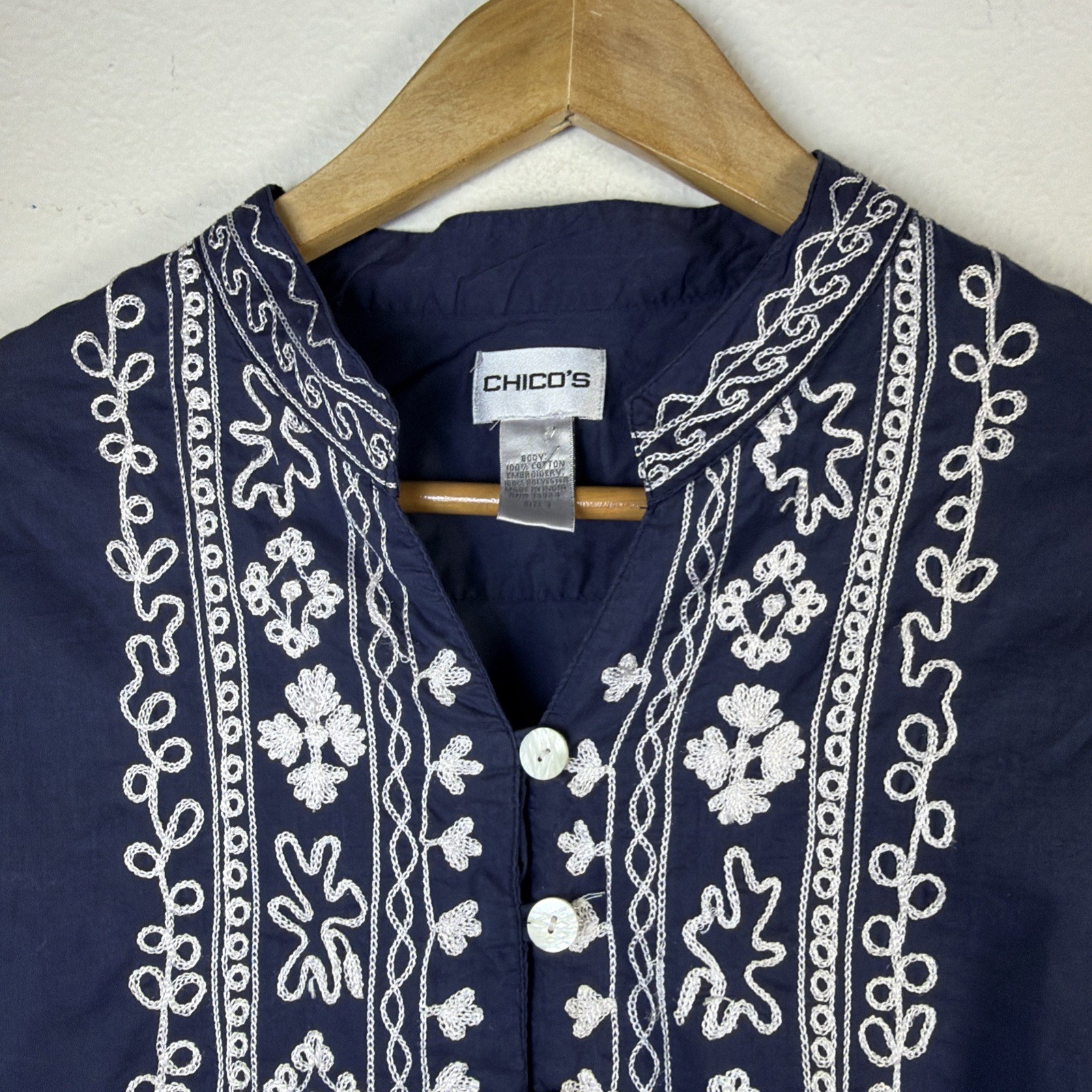 Chico’s women’s xl embroidered navy bohemian beach vacation tunic shirt ocean