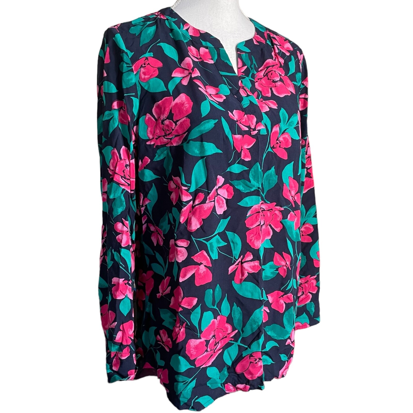 Floral Rayon Blouse NEW PM Petite M Flowers Notched Neck Long Sleeve Shirt Pink