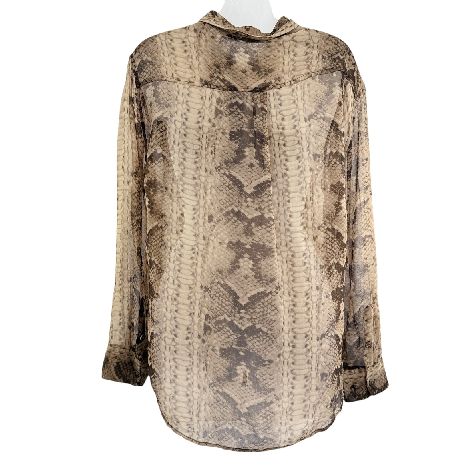 Equipment Womens Snake Print Silk Button Up Shirt Brown Tan Size Medium Sheer