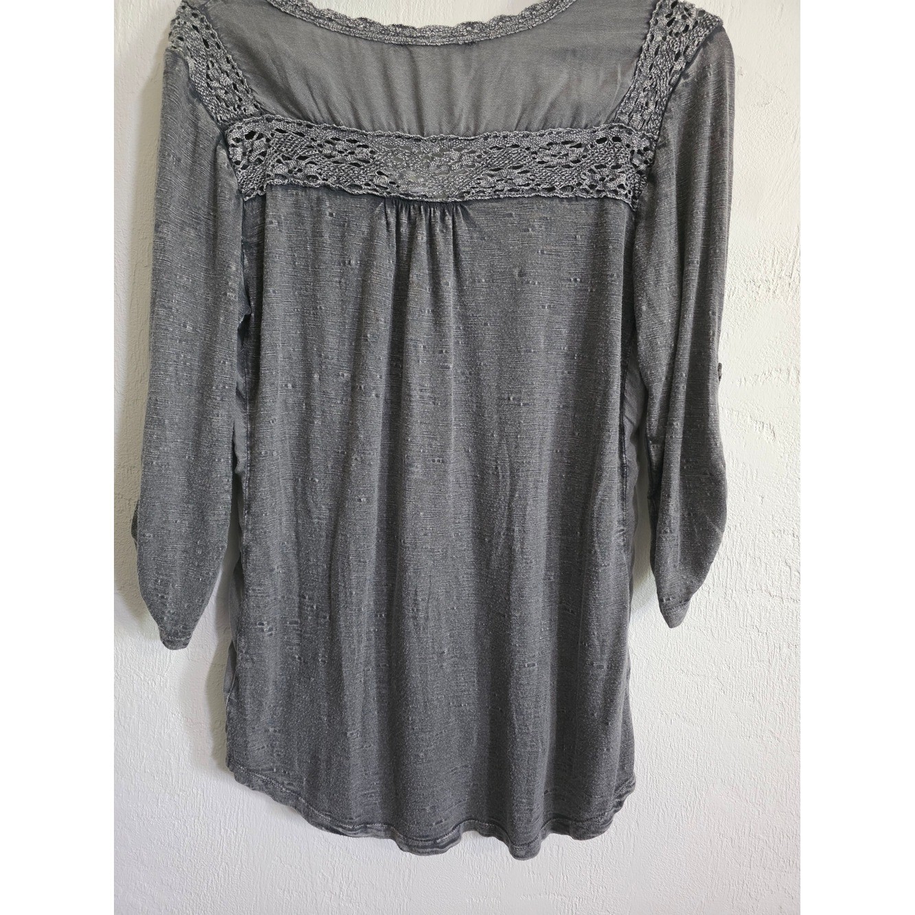 Solitaire Women’s Gray Crochet-Detail Button Front Top