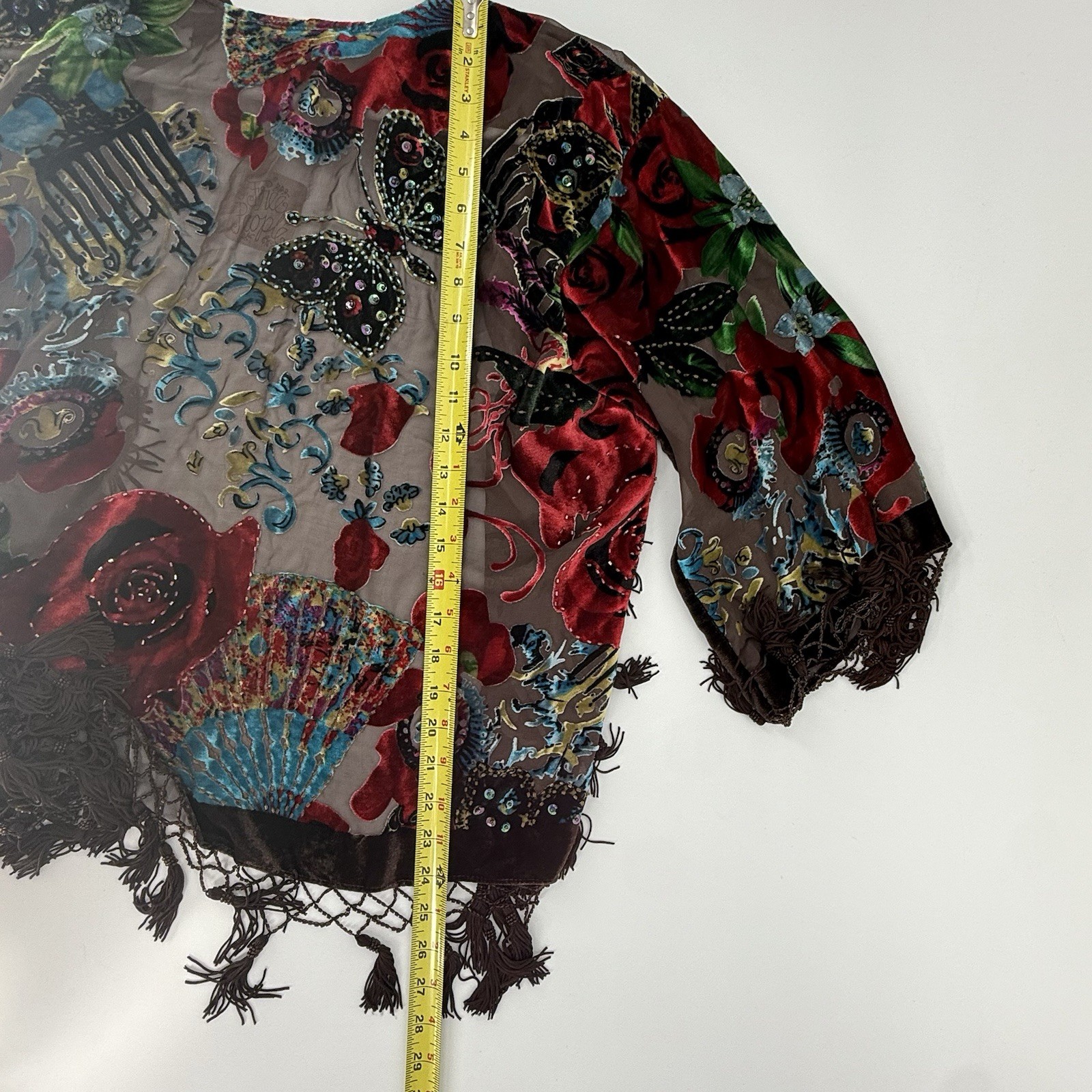 Aris A Kimono Burnout Velvet Floral Boho Beading Tassel Fringe Silk Blend